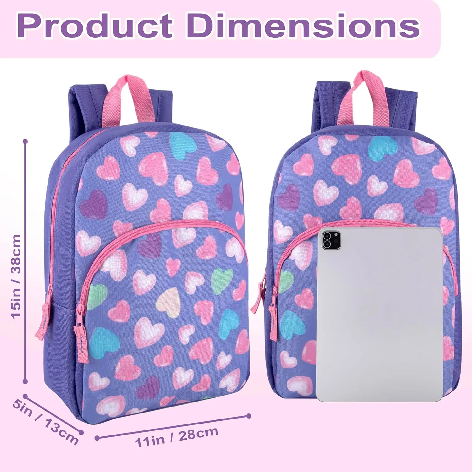 15 Inch Kids Backpacks for Boys & Girls | Preschool, Kindergarten, Elementary School Backpacks with Adjustable, Padded Straps (Happy Hearts)