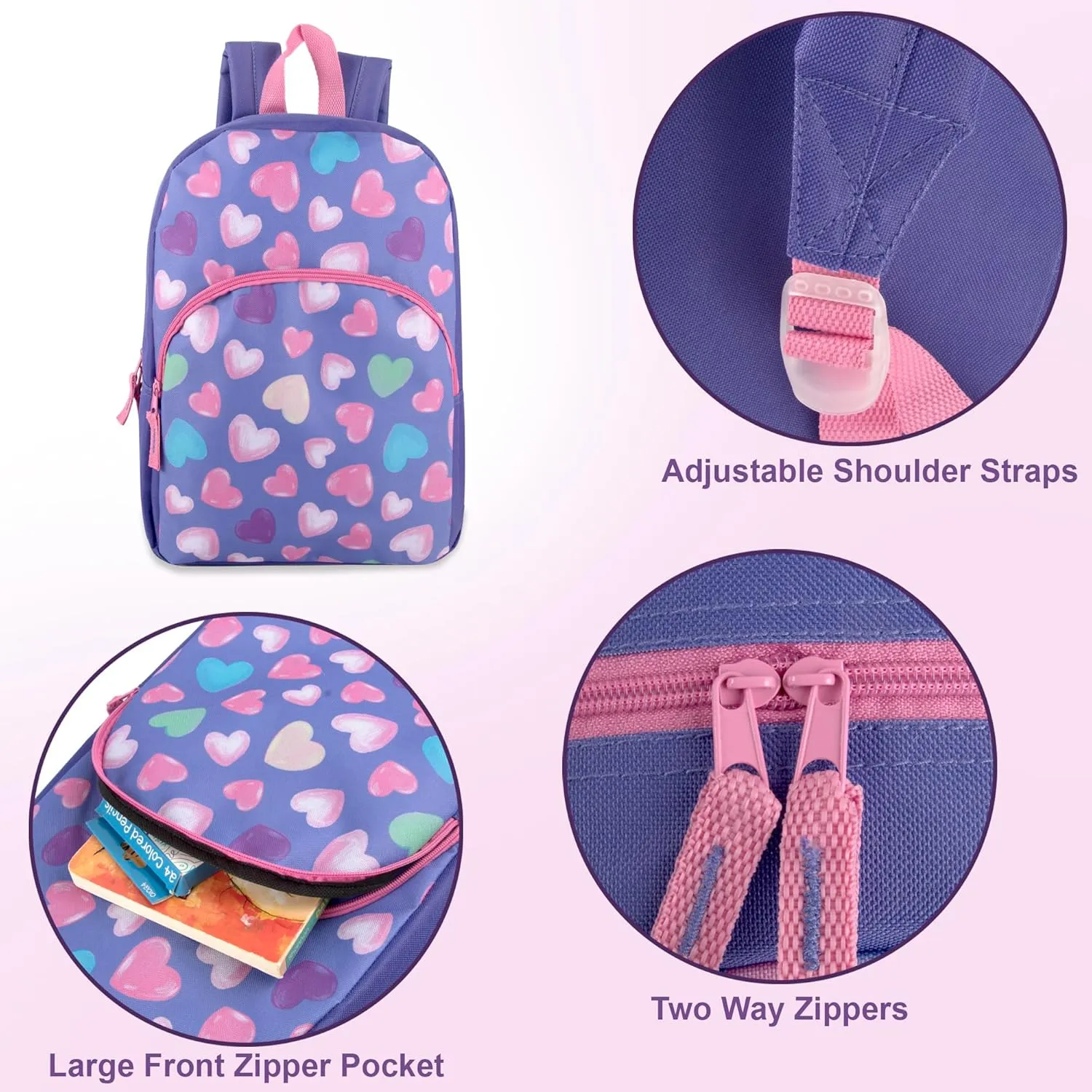15 Inch Kids Backpacks for Boys & Girls | Preschool, Kindergarten, Elementary School Backpacks with Adjustable, Padded Straps (Happy Hearts)