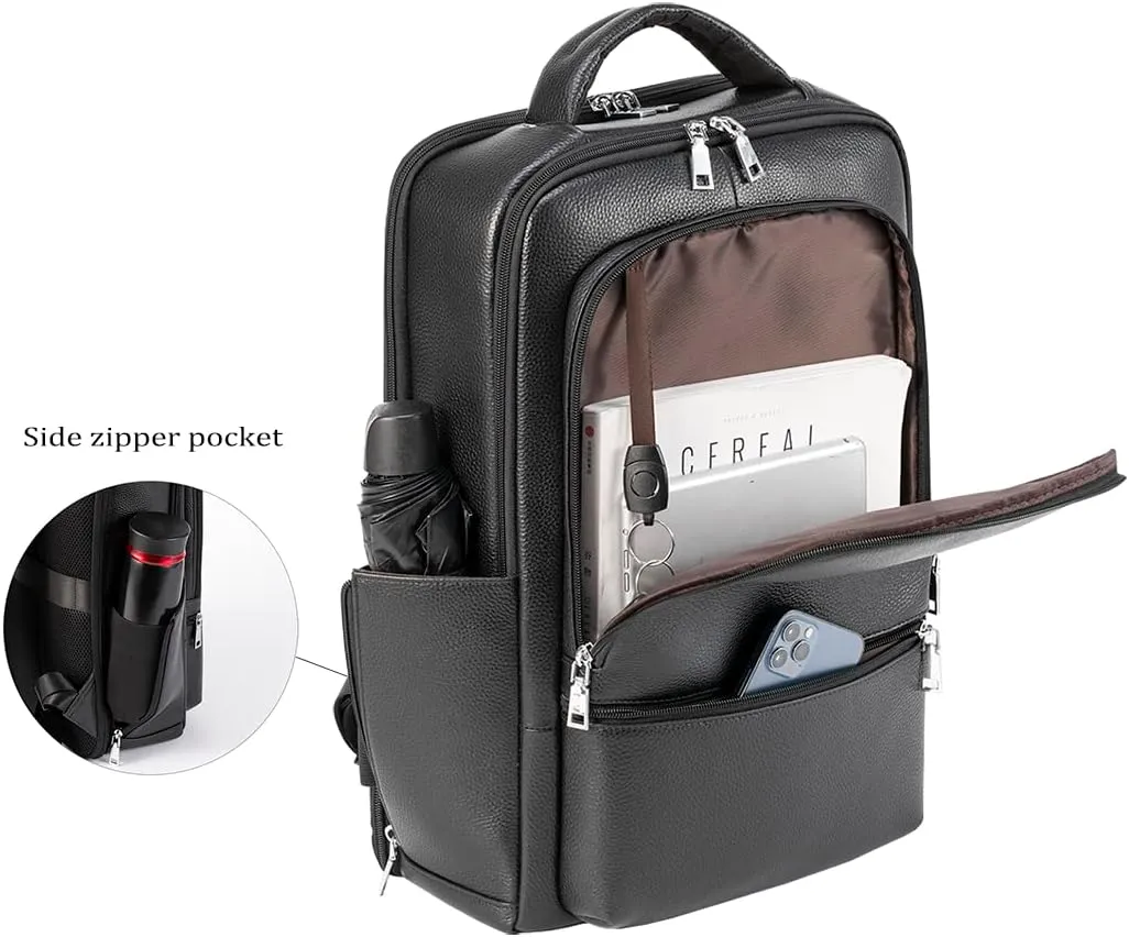 15.6 Inch Genuine Leather Laptop Backpack for Men Women, Business Travel Backpack Hiking Rucksack Daypack (4#Black)