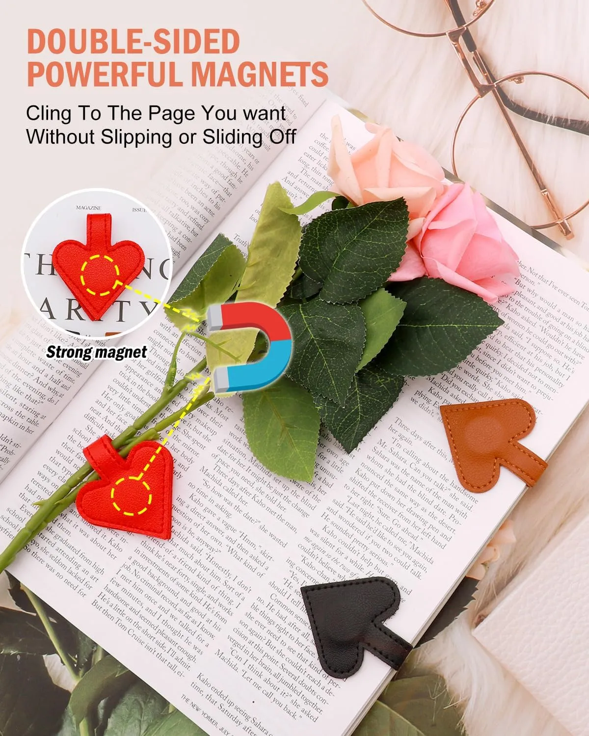 1Pcs Heart-Shaped Magnetic Leather Bookmark - Romantic Heart Bookmark, Faux Leather Book Mark with Double-Sided Magnets, Love Gifts for Women, Students, Reading Lovers Mothers Day Gift(Black)