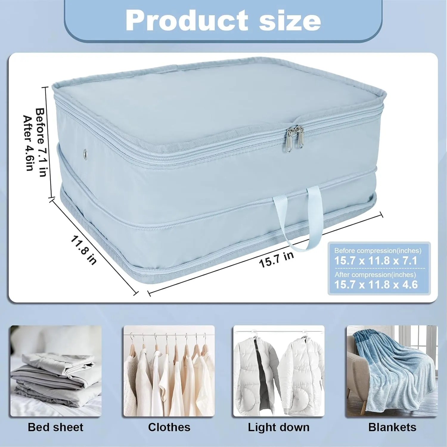 2 Set Compression Packing Cubes for Travel, Expandable Luggage Organizers Bag, Large Compression Cubes for Packing, Travel Accessories for Suitcase Organizer Bags Set (Light Blue)