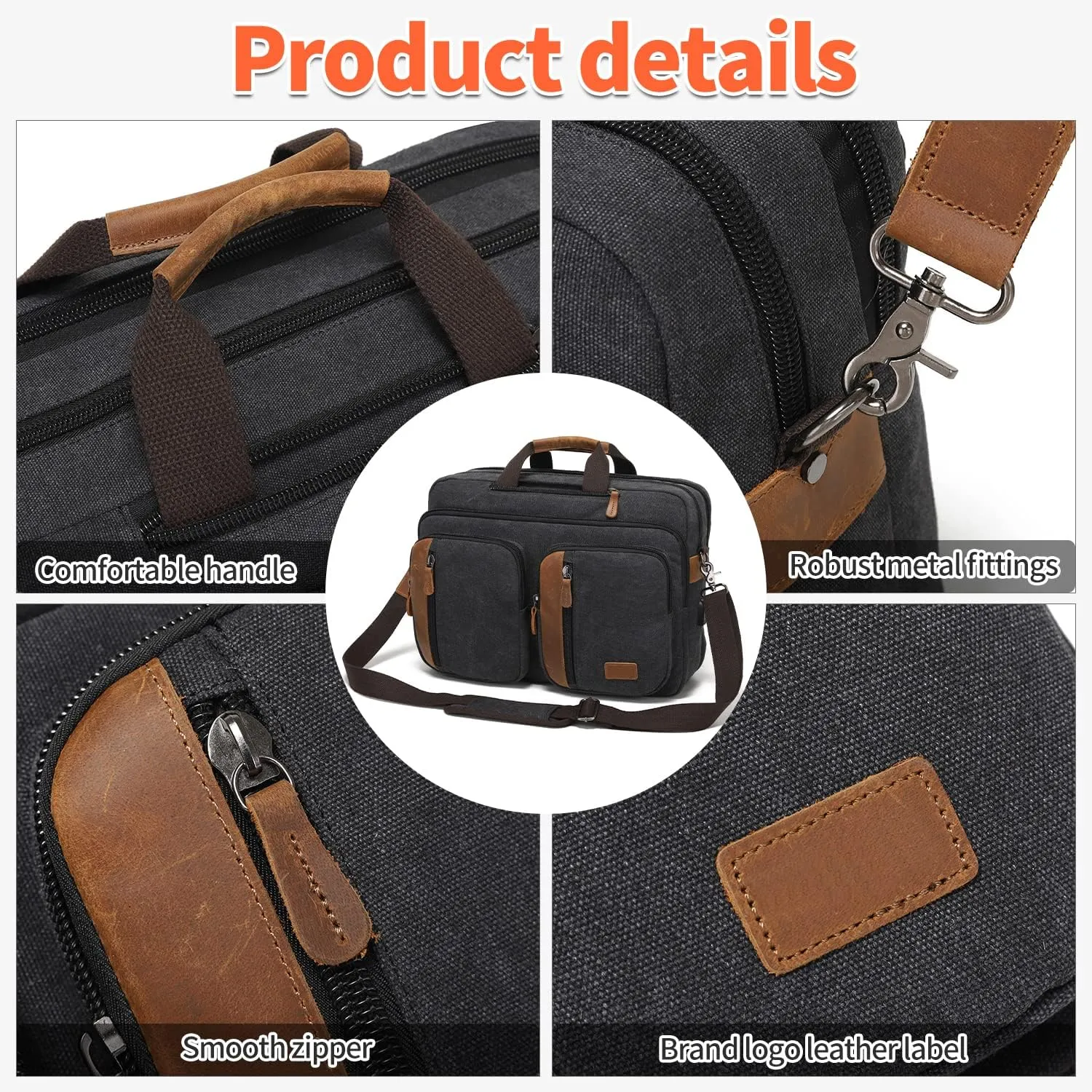 3 In 1 Messenger Bag for Men: 18.5'' Canvas Mens Laptop Computer Bag Backpack with Multiple Pockets & Laptop Sleeve & USB Port for Men Work, Carry On Crossbody Bag for Notebook, (Black)