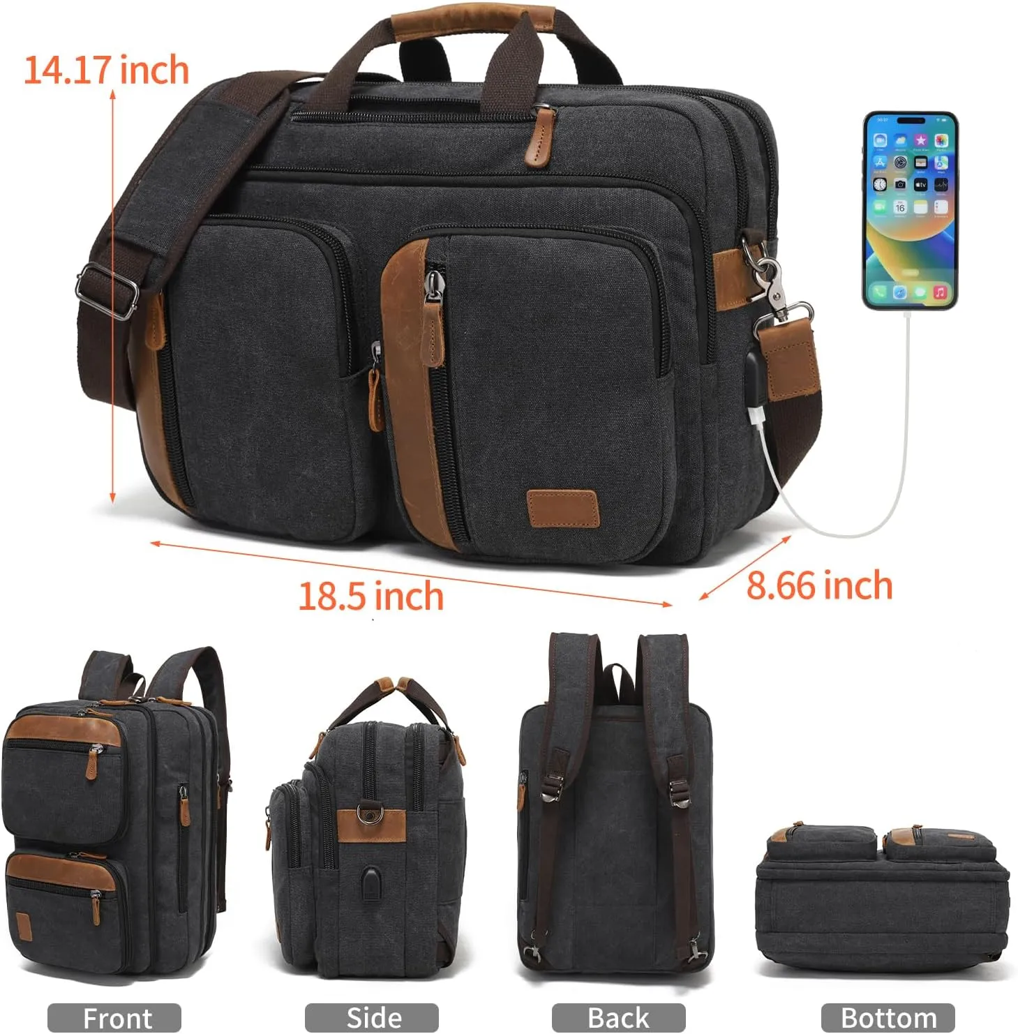 3 In 1 Messenger Bag for Men: 18.5'' Canvas Mens Laptop Computer Bag Backpack with Multiple Pockets & Laptop Sleeve & USB Port for Men Work, Carry On Crossbody Bag for Notebook, (Black)