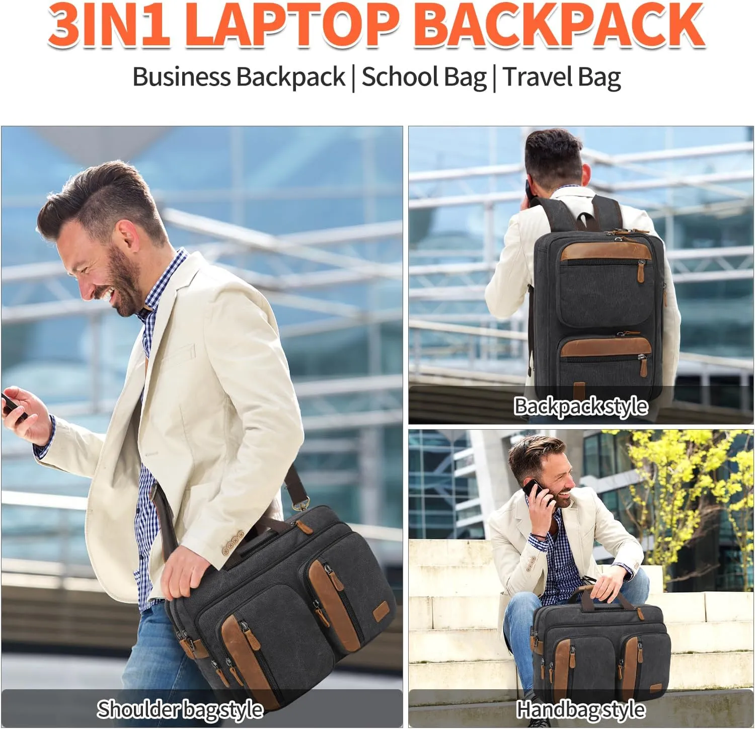 3 In 1 Messenger Bag for Men: 18.5'' Canvas Mens Laptop Computer Bag Backpack with Multiple Pockets & Laptop Sleeve & USB Port for Men Work, Carry On Crossbody Bag for Notebook, (Black)