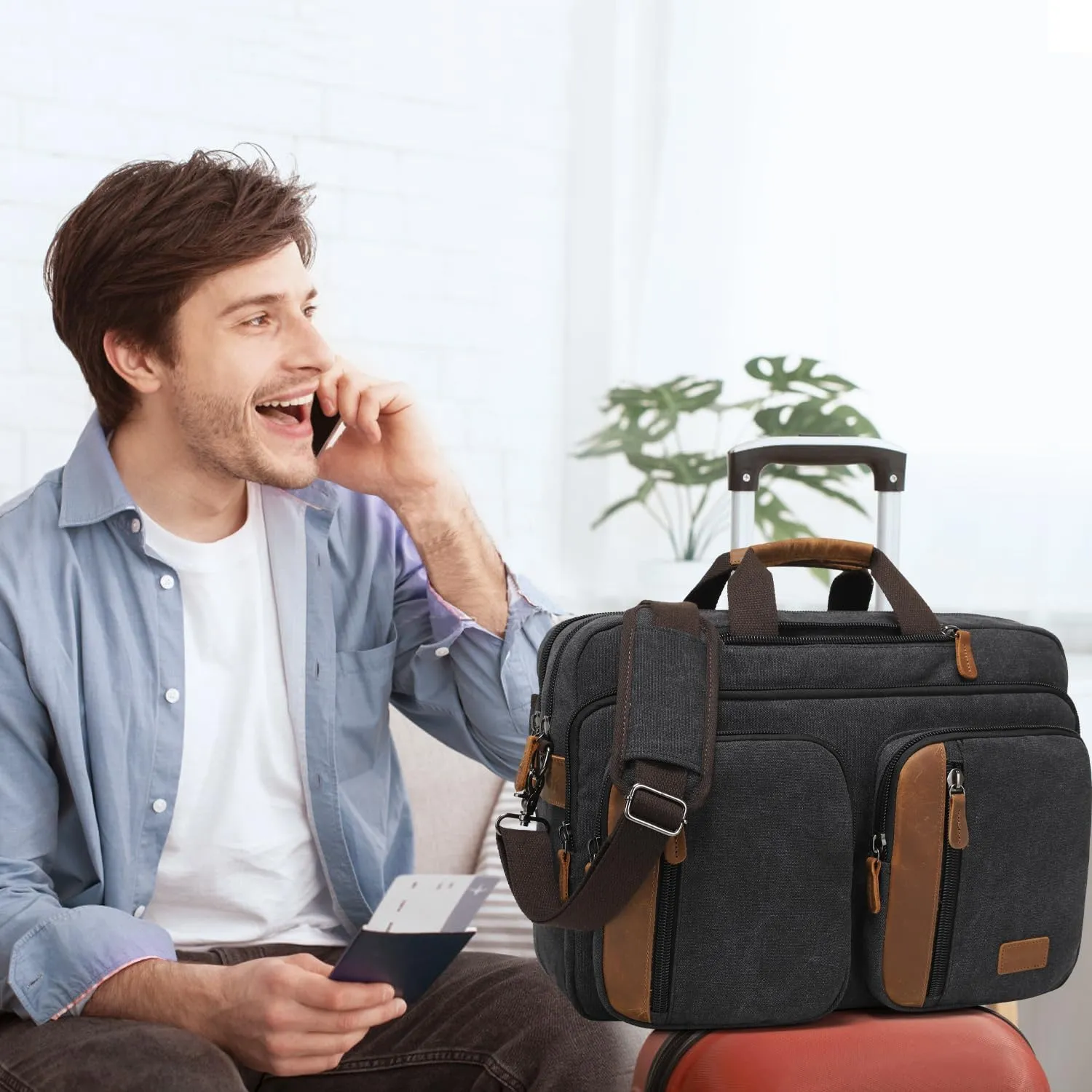 3 In 1 Messenger Bag for Men: 18.5'' Canvas Mens Laptop Computer Bag Backpack with Multiple Pockets & Laptop Sleeve & USB Port for Men Work, Carry On Crossbody Bag for Notebook, (Black)