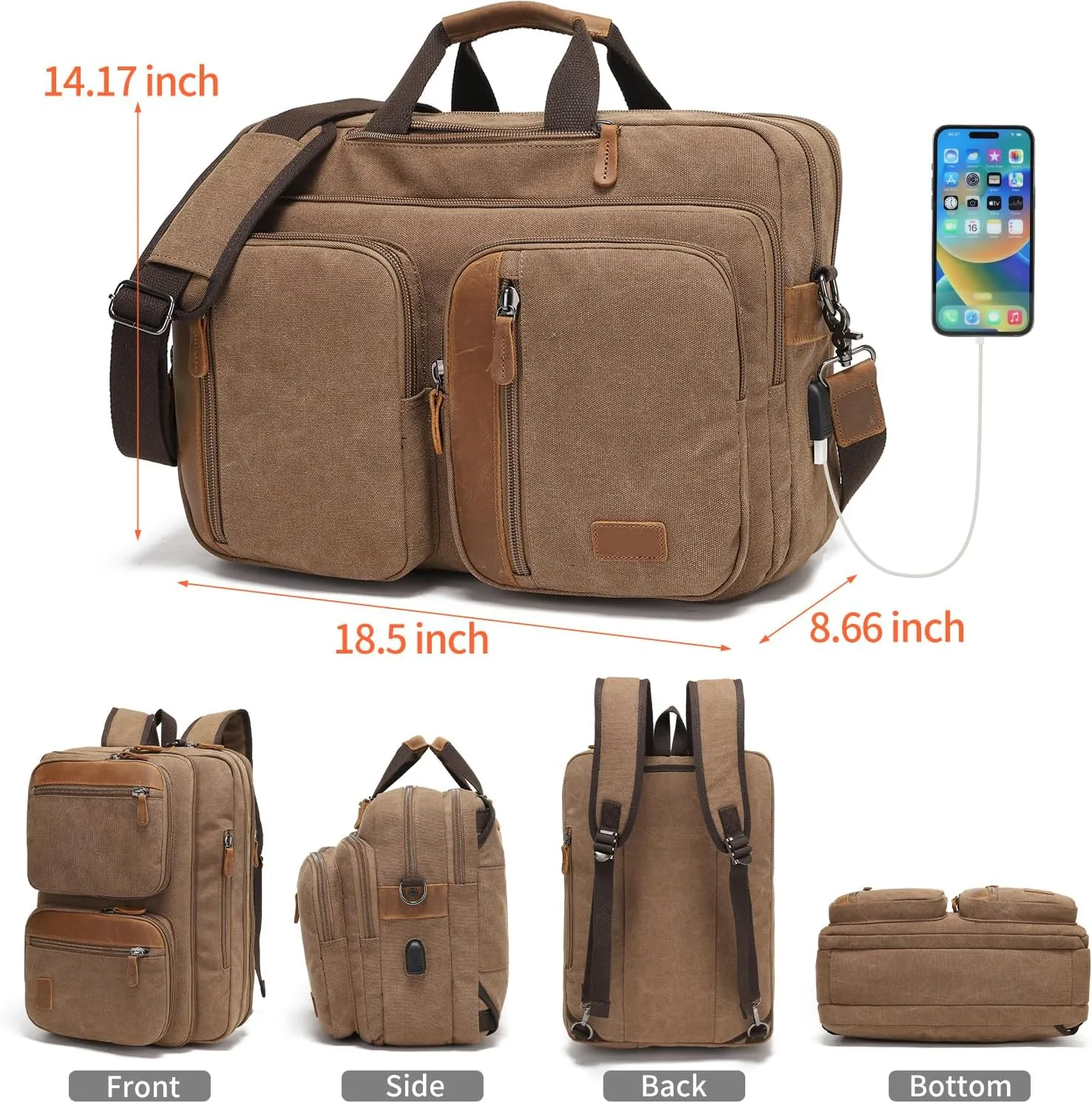 3 In 1 Messenger Bag for Men: 18.5'' Canvas Mens Laptop Computer Bag Backpack with Multiple Pockets & Laptop Sleeve & USB Port for Men Work, Carry On Crossbody Bag for Notebook, (Khaki)