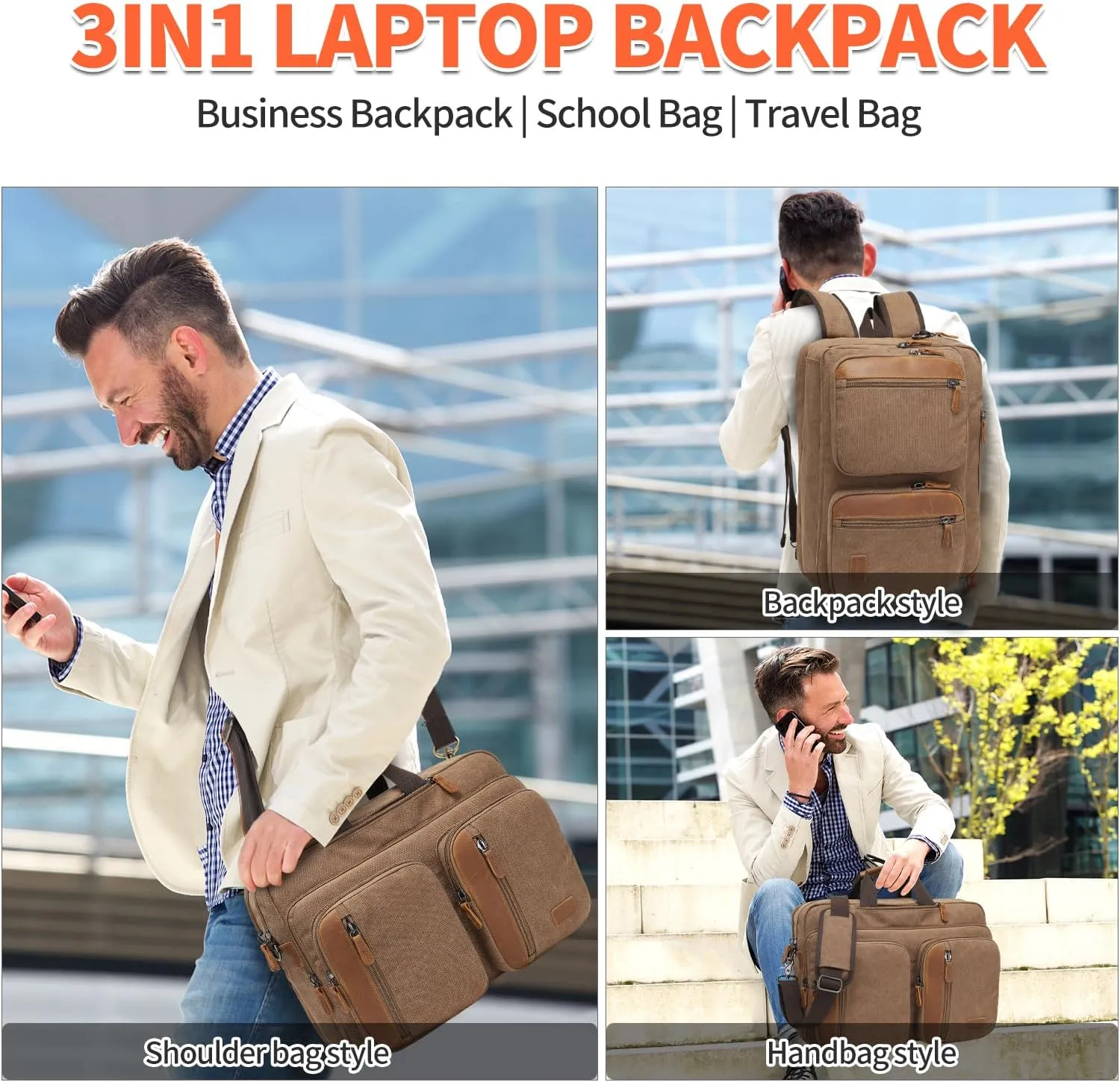 3 In 1 Messenger Bag for Men: 18.5'' Canvas Mens Laptop Computer Bag Backpack with Multiple Pockets & Laptop Sleeve & USB Port for Men Work, Carry On Crossbody Bag for Notebook, (Khaki)