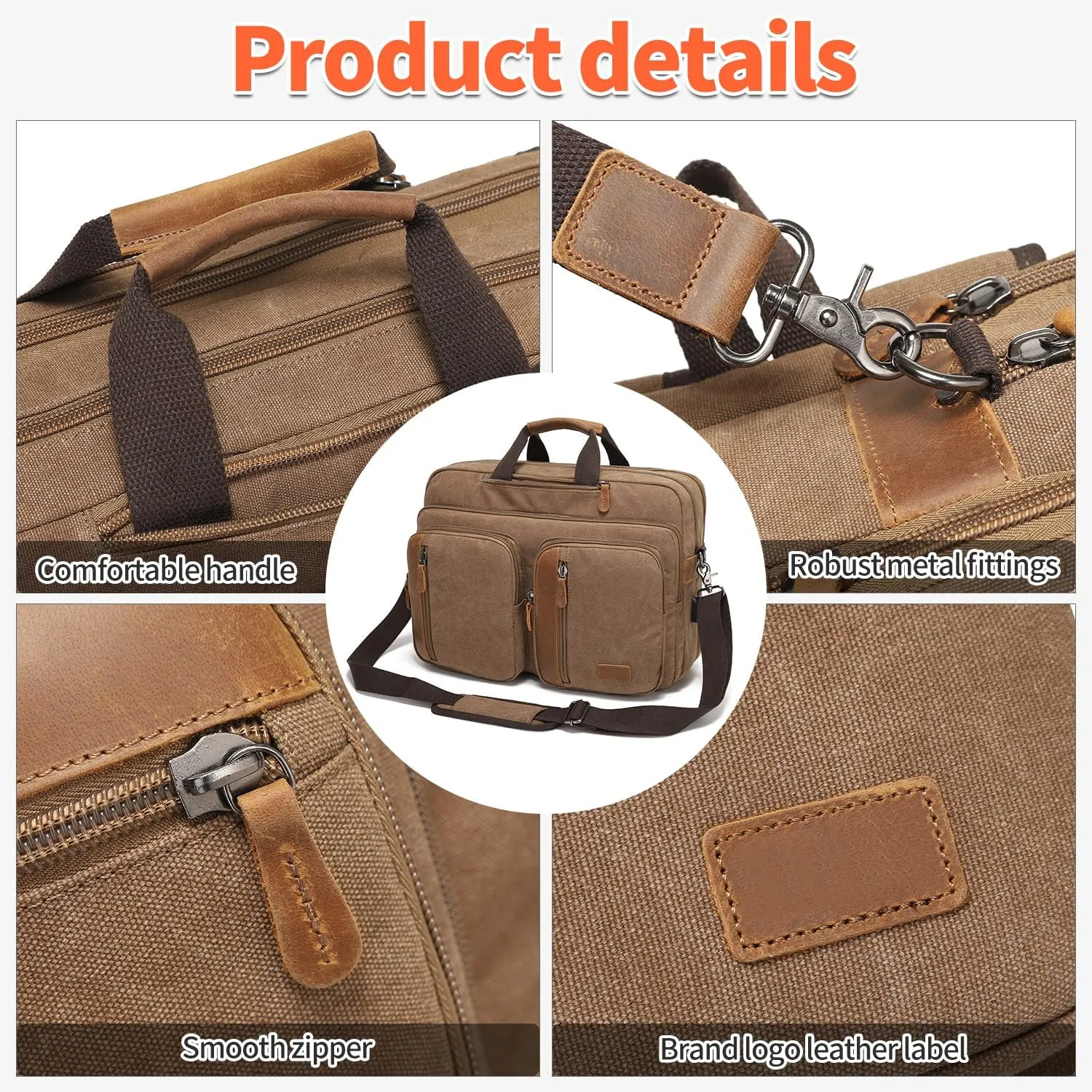 3 In 1 Messenger Bag for Men: 18.5'' Canvas Mens Laptop Computer Bag Backpack with Multiple Pockets & Laptop Sleeve & USB Port for Men Work, Carry On Crossbody Bag for Notebook, (Khaki)