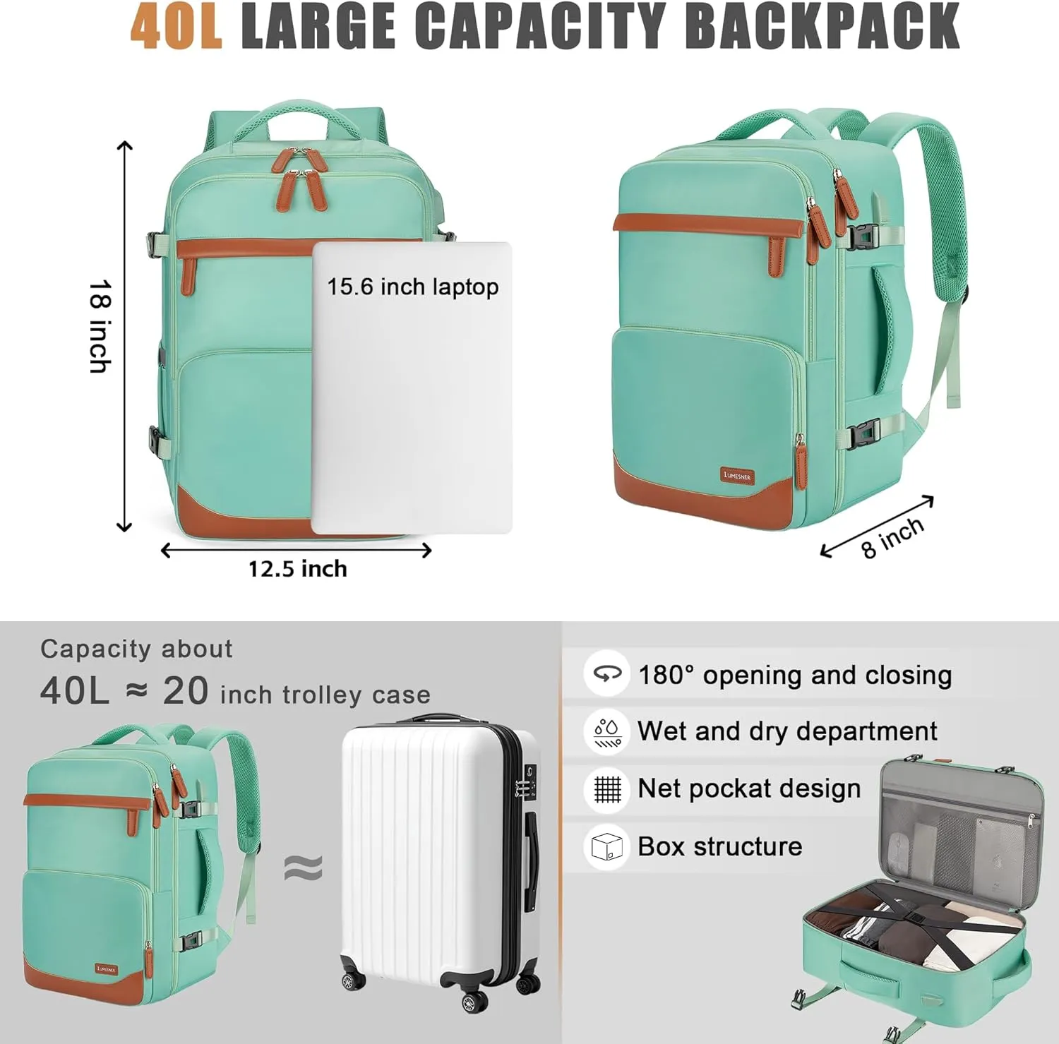 40L Travel Backpack with USB Charging Port, Water-Resistant Carry On Backpack for Men Women, Business Laptop Backpack for Men & Women, Trips & Commutes, Fits 15.6/17.3 Inch Laptop(Green)