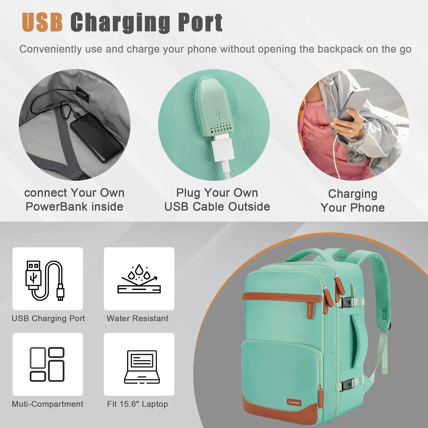 40L Travel Backpack with USB Charging Port, Water-Resistant Carry On Backpack for Men Women, Business Laptop Backpack for Men & Women, Trips & Commutes, Fits 15.6/17.3 Inch Laptop(Green)