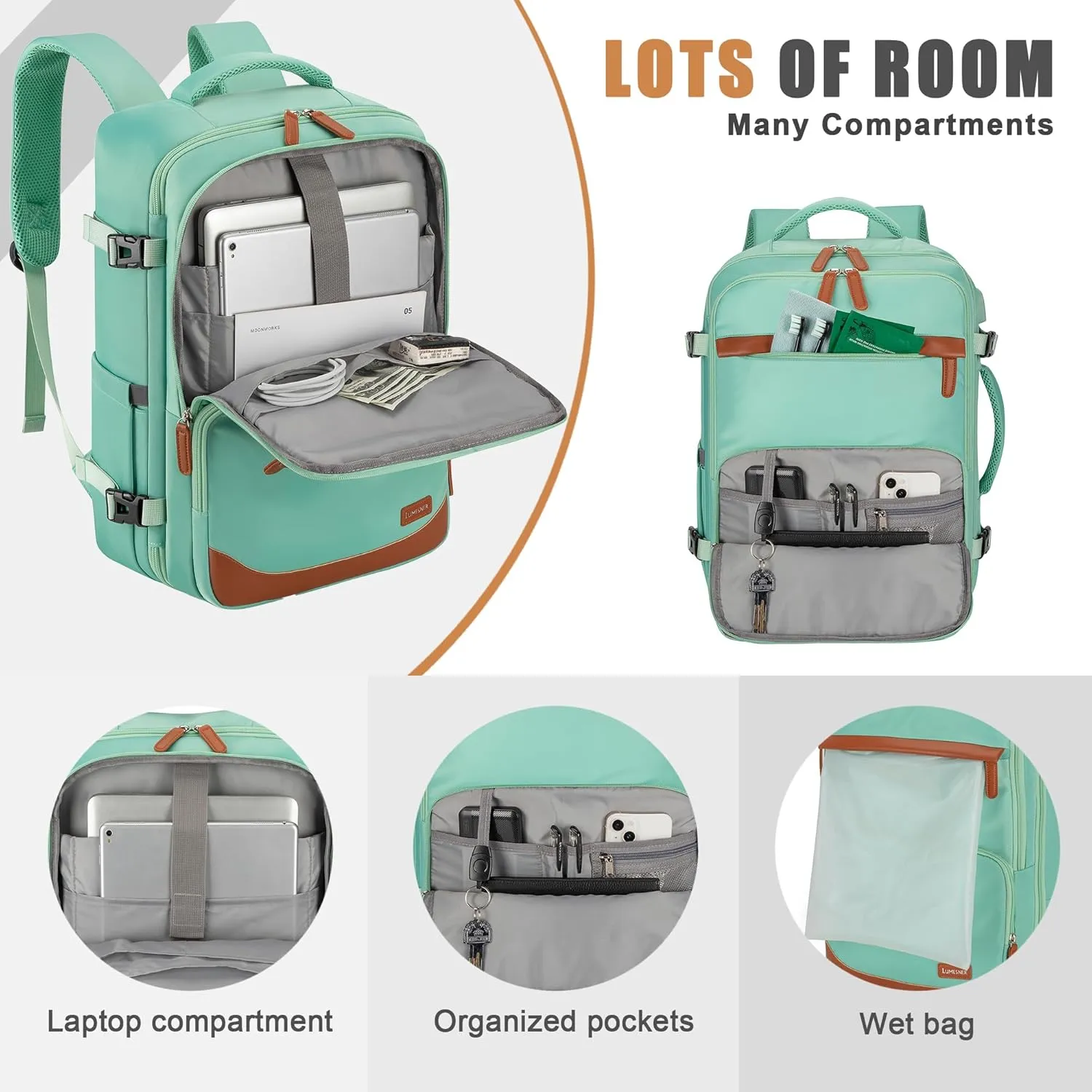 40L Travel Backpack with USB Charging Port, Water-Resistant Carry On Backpack for Men Women, Business Laptop Backpack for Men & Women, Trips & Commutes, Fits 15.6/17.3 Inch Laptop(Green)