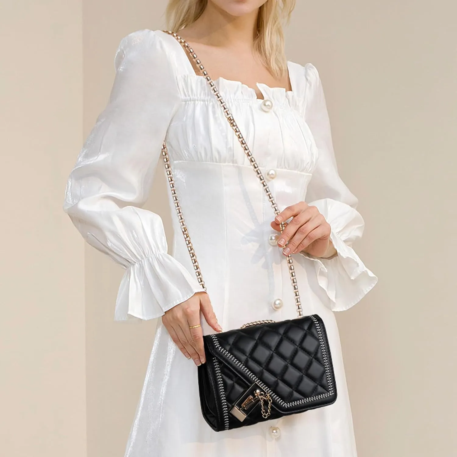 Aiqudou Quilted Crossbody Bag for Women - Leather Shoulder Bag Fashion Chain Small Purse