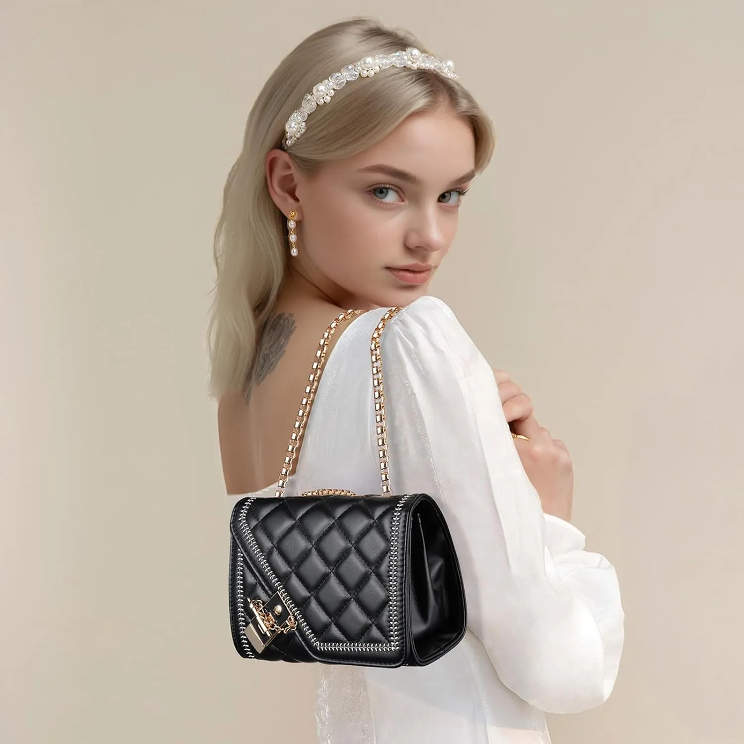 Aiqudou Quilted Crossbody Bag for Women - Leather Shoulder Bag Fashion Chain Small Purse