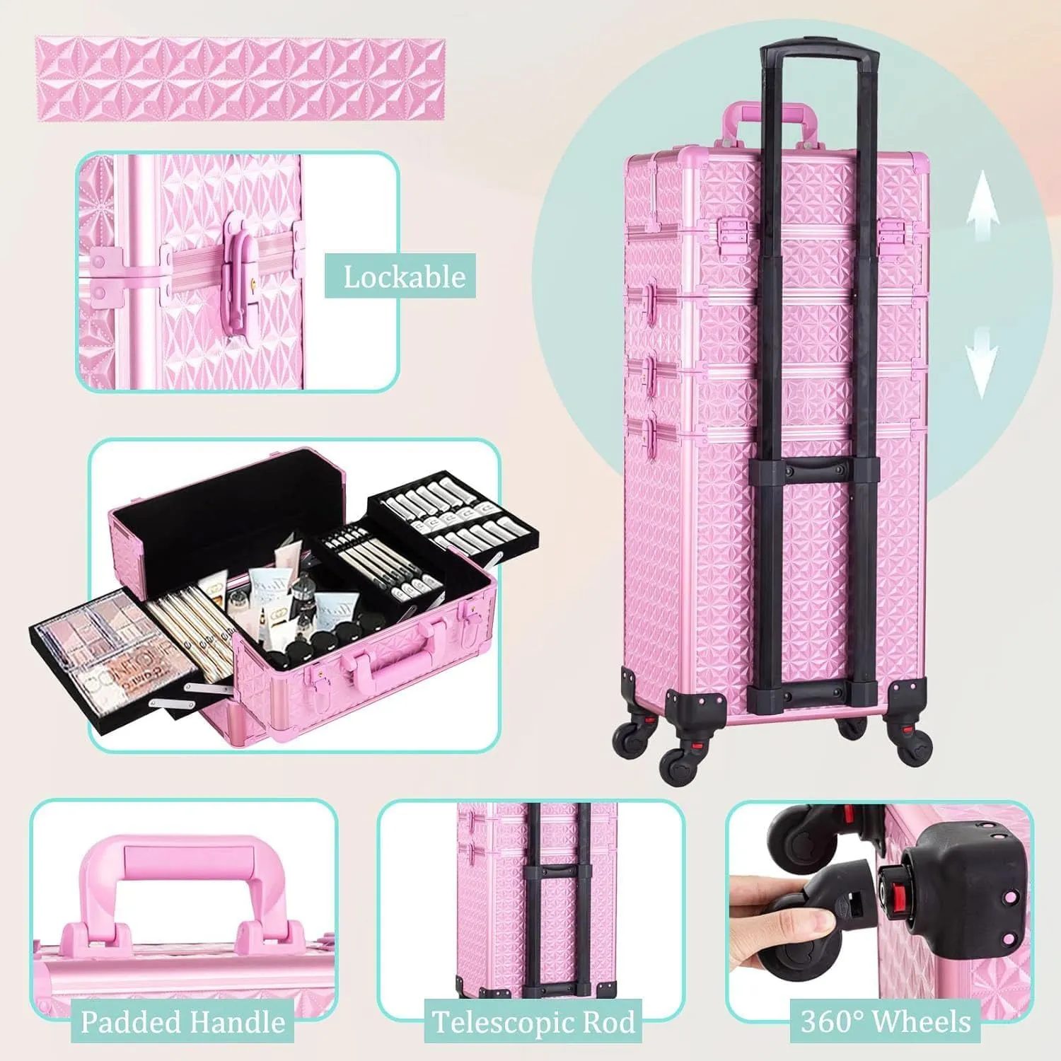 AROUS 5 in 1 Professional Makeup Train Case Aluminum Cosmetic Case Rolling Makeup Case Extra Large Trolley Makeup Travel Organizer, with 360 Swivel Wheels, All Pink