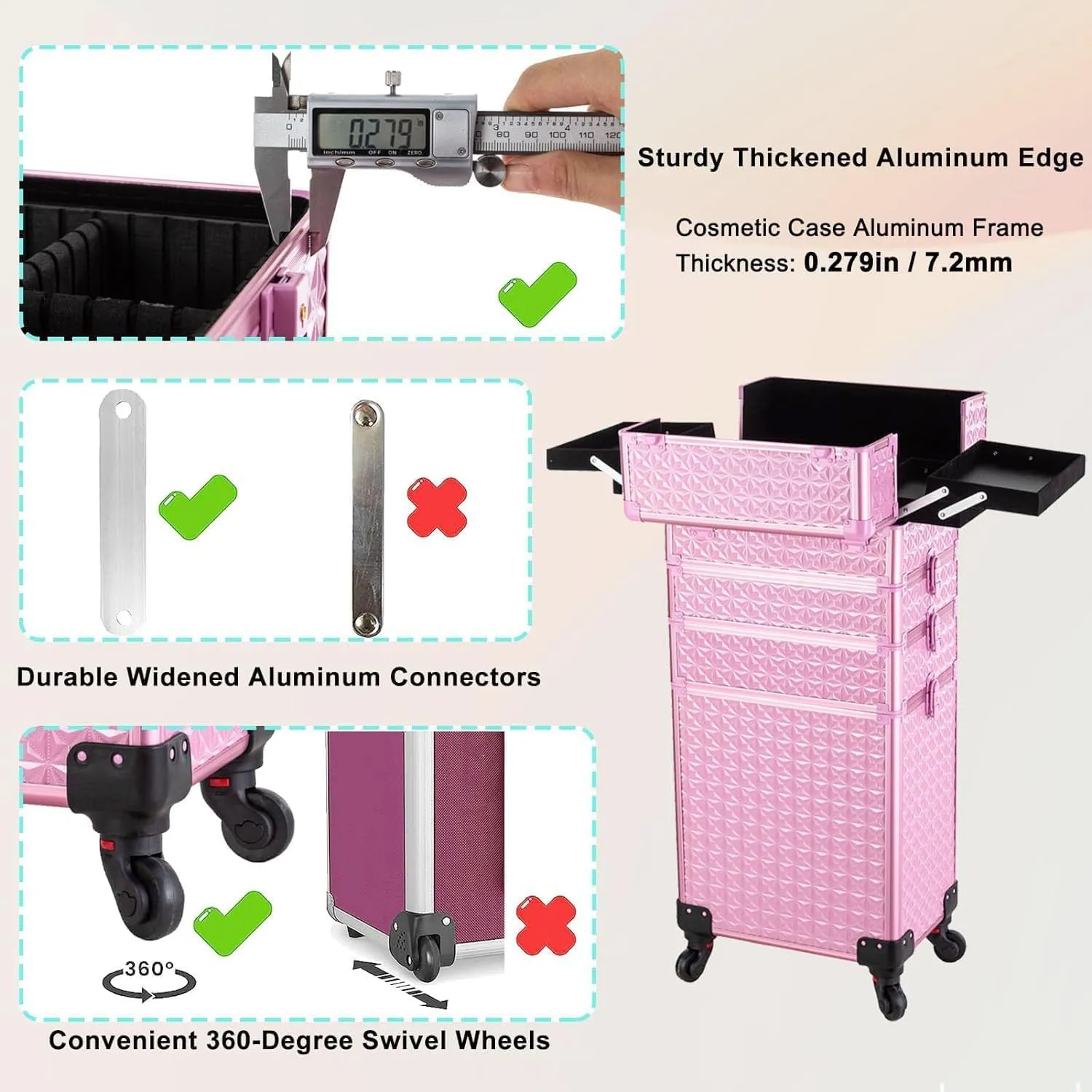 AROUS 5 in 1 Professional Makeup Train Case Aluminum Cosmetic Case Rolling Makeup Case Extra Large Trolley Makeup Travel Organizer, with 360 Swivel Wheels, All Pink