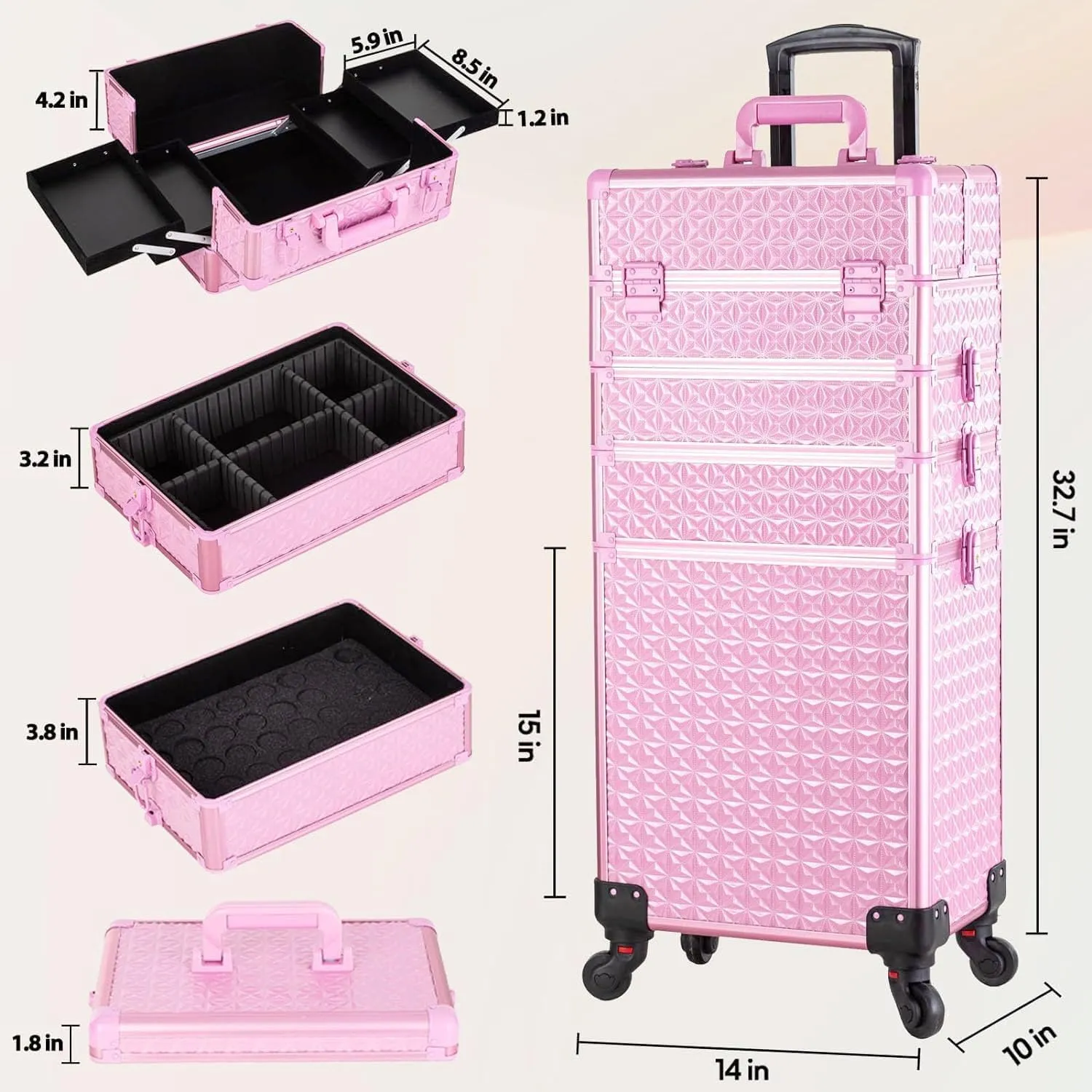 AROUS 5 in 1 Professional Makeup Train Case Aluminum Cosmetic Case Rolling Makeup Case Extra Large Trolley Makeup Travel Organizer, with 360 Swivel Wheels, All Pink