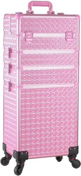 AROUS 5 in 1 Professional Makeup Train Case Aluminum Cosmetic Case Rolling Makeup Case Extra Large Trolley Makeup Travel Organizer, with 360 Swivel Wheels, All Pink