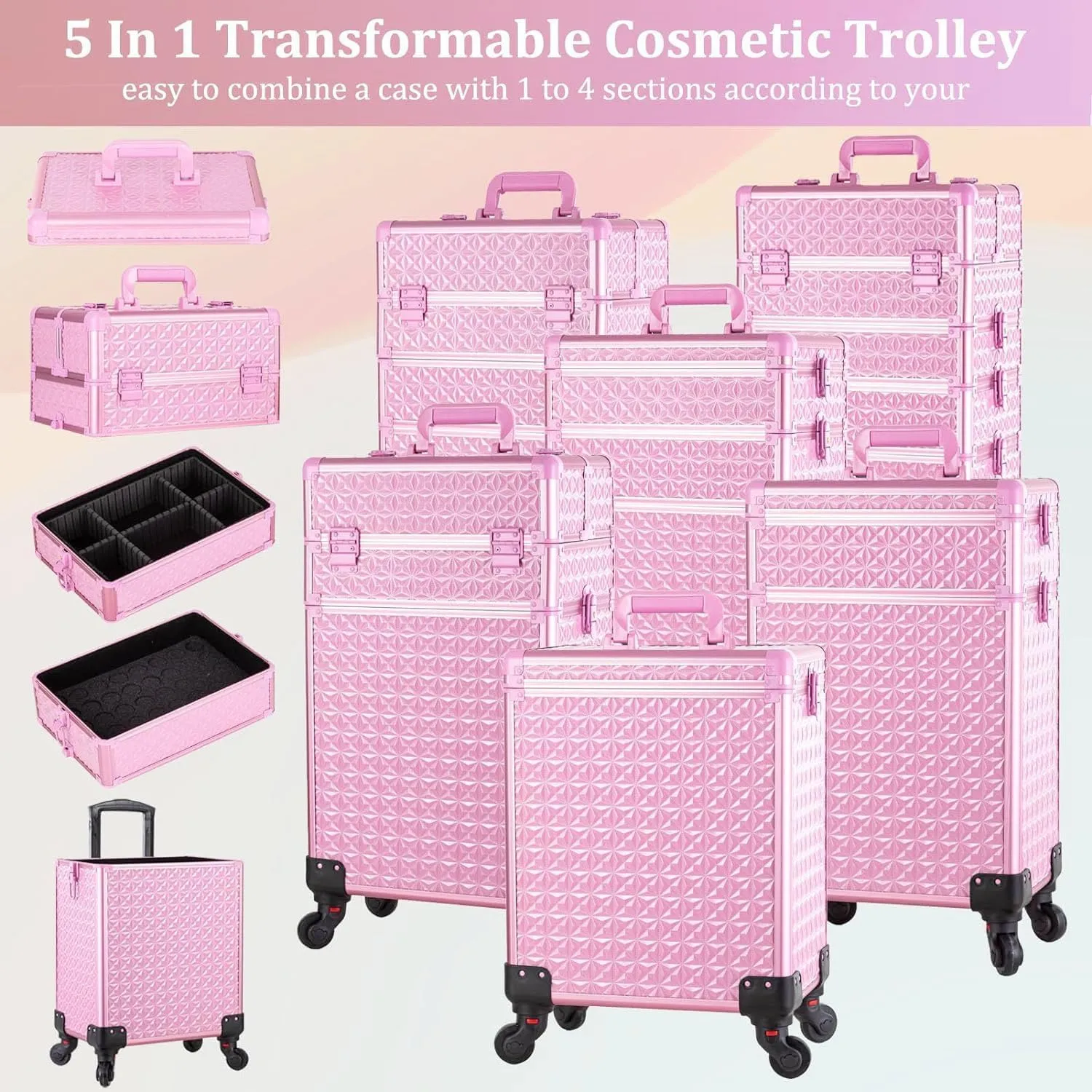 AROUS 5 in 1 Professional Makeup Train Case Aluminum Cosmetic Case Rolling Makeup Case Extra Large Trolley Makeup Travel Organizer, with 360 Swivel Wheels, All Pink