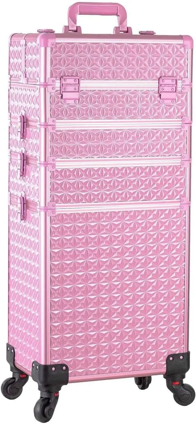AROUS 5 in 1 Professional Makeup Train Case Aluminum Cosmetic Case Rolling Makeup Case Extra Large Trolley Makeup Travel Organizer, with 360 Swivel Wheels, All Pink