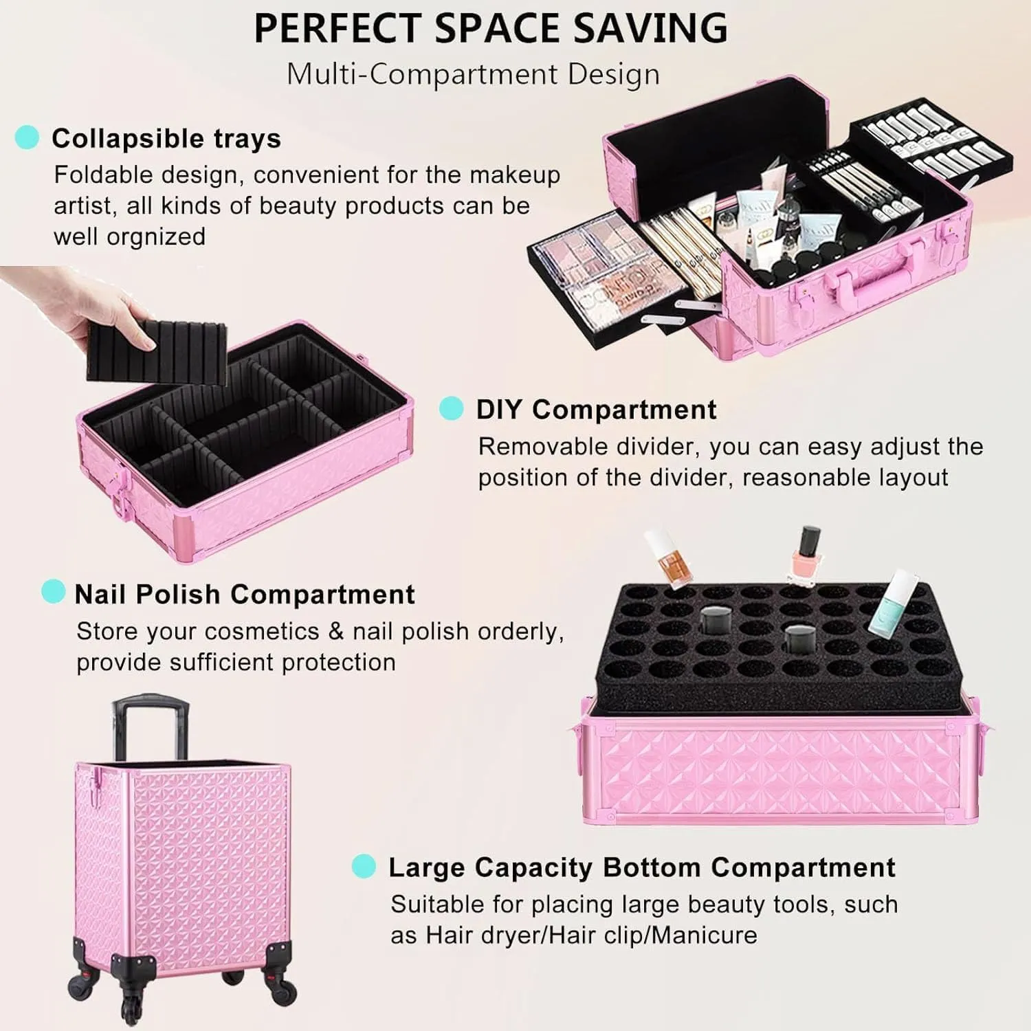 AROUS 5 in 1 Professional Makeup Train Case Aluminum Cosmetic Case Rolling Makeup Case Extra Large Trolley Makeup Travel Organizer, with 360 Swivel Wheels, All Pink