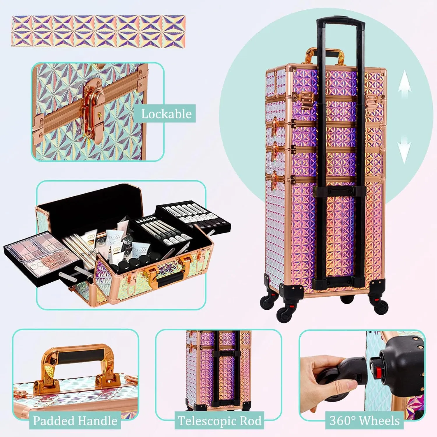 AROUS 5 in 1 Professional Makeup Train Case Aluminum Cosmetic Case Rolling Makeup Case Extra Large Trolley Makeup Travel Organizer, with 360 Swivel Wheels, Colorful