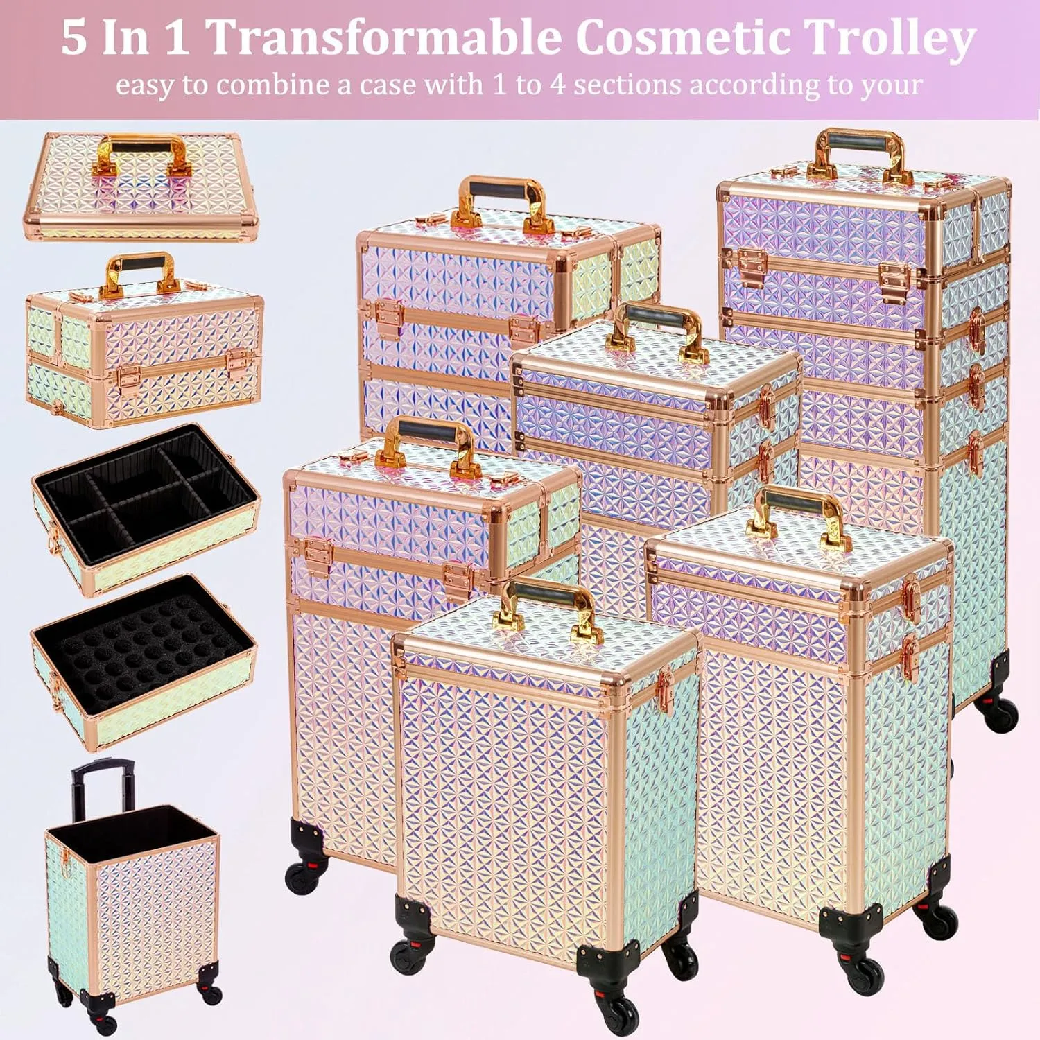 AROUS 5 in 1 Professional Makeup Train Case Aluminum Cosmetic Case Rolling Makeup Case Extra Large Trolley Makeup Travel Organizer, with 360 Swivel Wheels, Colorful