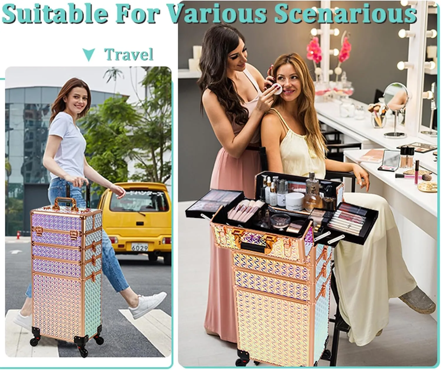 AROUS 5 in 1 Professional Makeup Train Case Aluminum Cosmetic Case Rolling Makeup Case Extra Large Trolley Makeup Travel Organizer, with 360 Swivel Wheels, Colorful