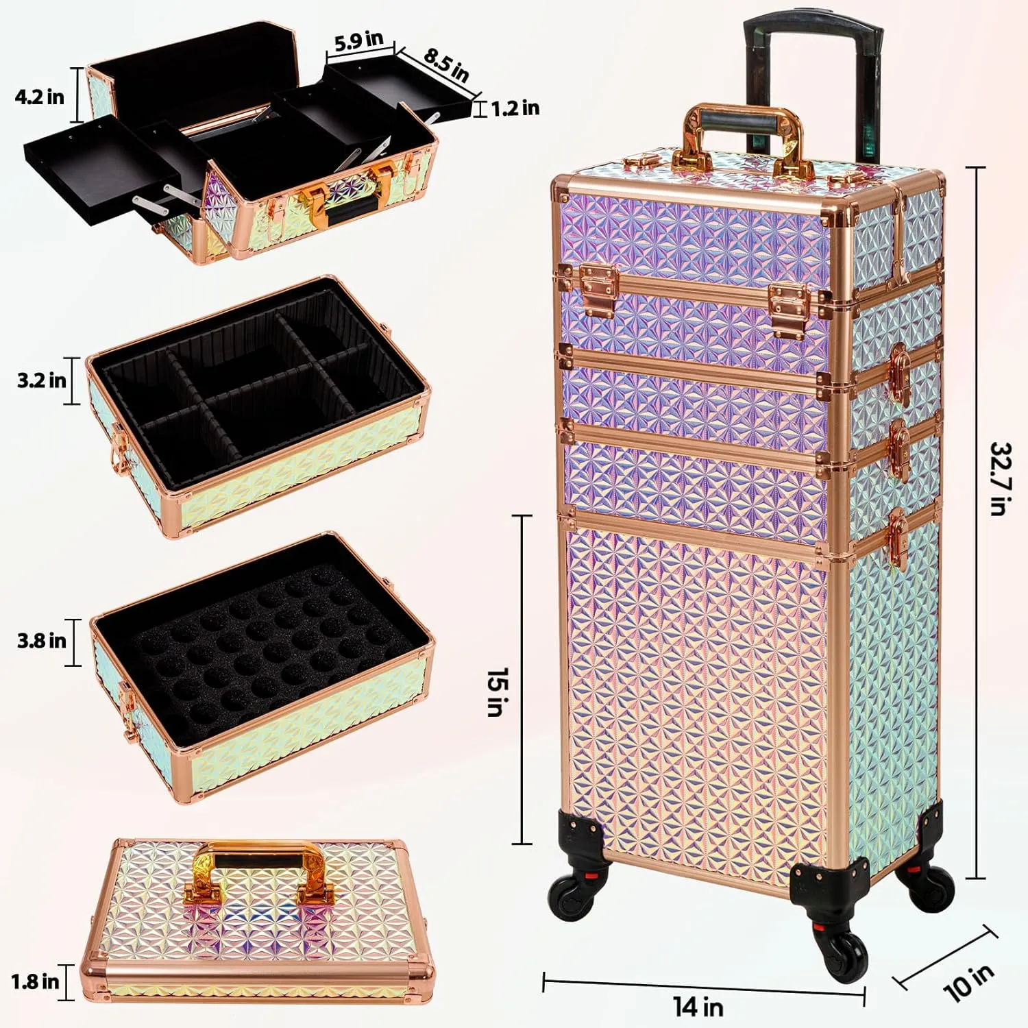 AROUS 5 in 1 Professional Makeup Train Case Aluminum Cosmetic Case Rolling Makeup Case Extra Large Trolley Makeup Travel Organizer, with 360 Swivel Wheels, Colorful