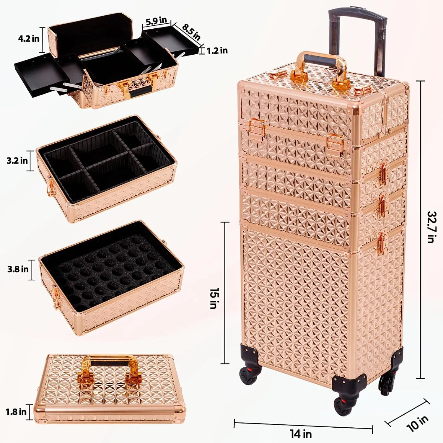 AROUS 5 in 1 Professional Makeup Train Case Aluminum Cosmetic Case Rolling Makeup Case Extra Large Trolley Makeup Travel Organizer, with 360 Swivel Wheels, Gold