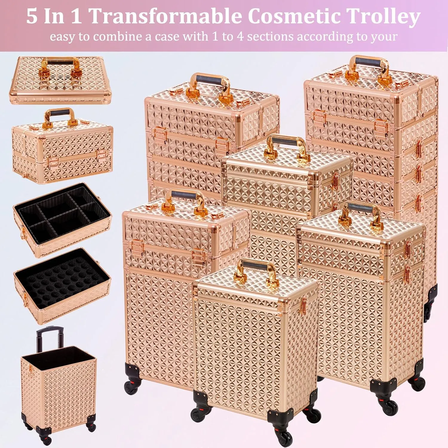 AROUS 5 in 1 Professional Makeup Train Case Aluminum Cosmetic Case Rolling Makeup Case Extra Large Trolley Makeup Travel Organizer, with 360 Swivel Wheels, Gold