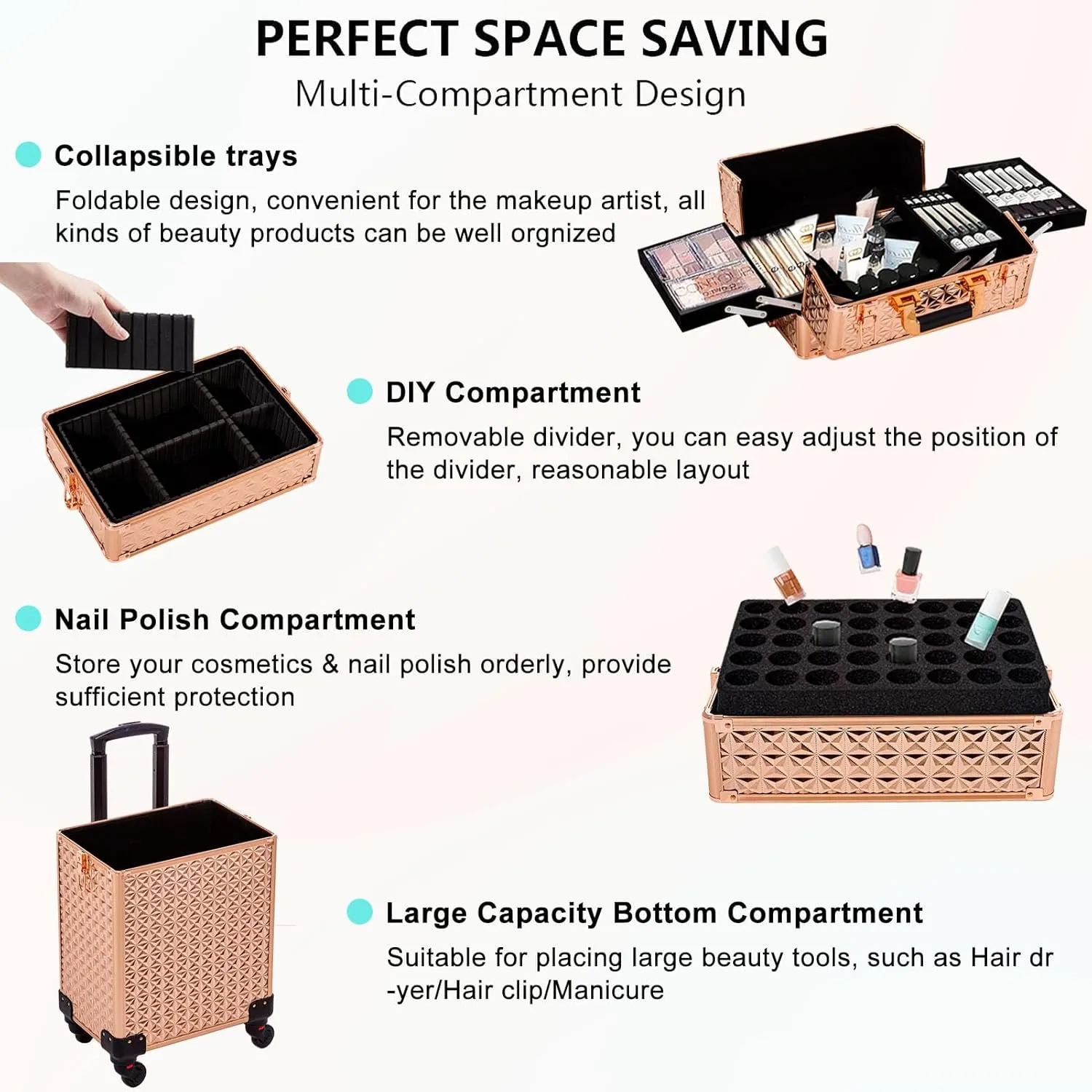 AROUS 5 in 1 Professional Makeup Train Case Aluminum Cosmetic Case Rolling Makeup Case Extra Large Trolley Makeup Travel Organizer, with 360 Swivel Wheels, Gold