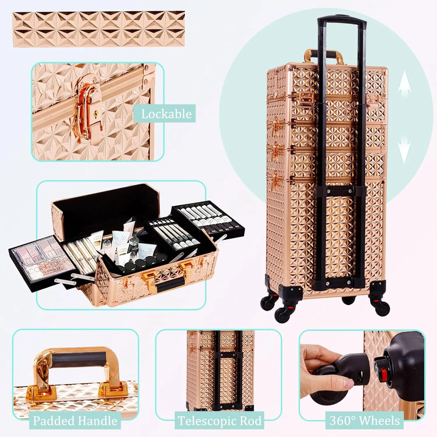 AROUS 5 in 1 Professional Makeup Train Case Aluminum Cosmetic Case Rolling Makeup Case Extra Large Trolley Makeup Travel Organizer, with 360 Swivel Wheels, Gold
