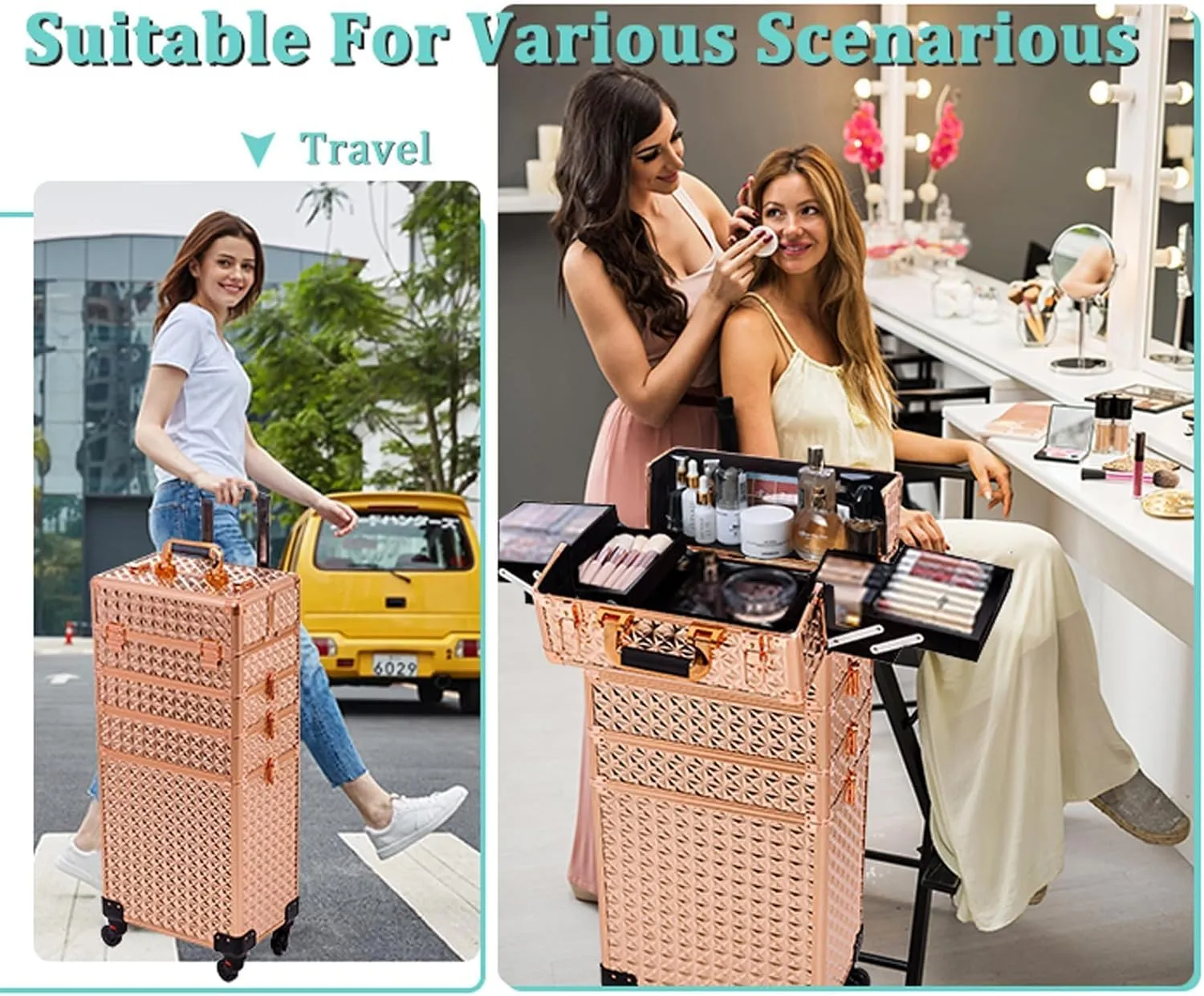 AROUS 5 in 1 Professional Makeup Train Case Aluminum Cosmetic Case Rolling Makeup Case Extra Large Trolley Makeup Travel Organizer, with 360 Swivel Wheels, Gold