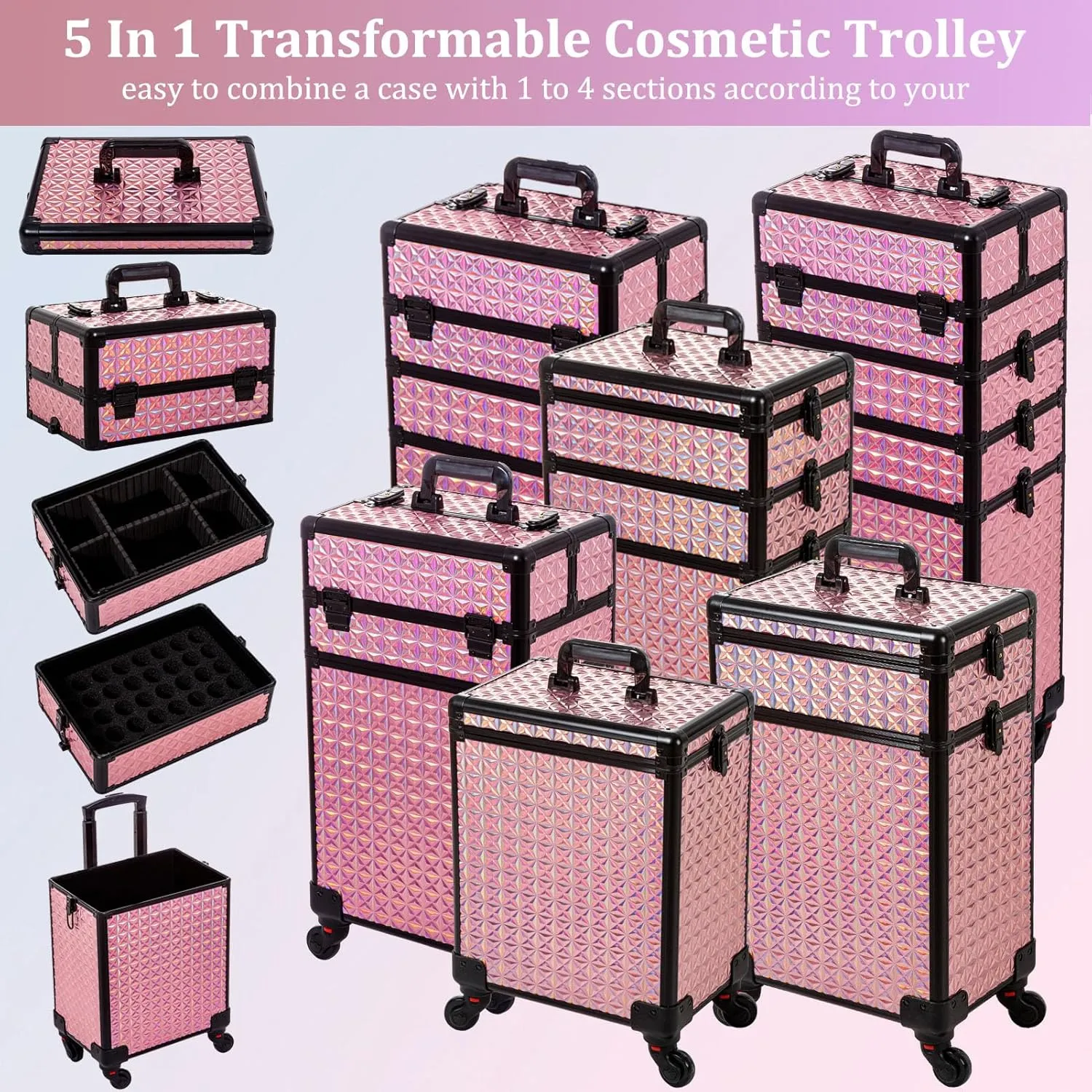 AROUS 5 in 1 Professional Makeup Train Case Aluminum Cosmetic Case Rolling Makeup Case Extra Large Trolley Makeup Travel Organizer, with 360 Swivel Wheels, Pink, JG0001