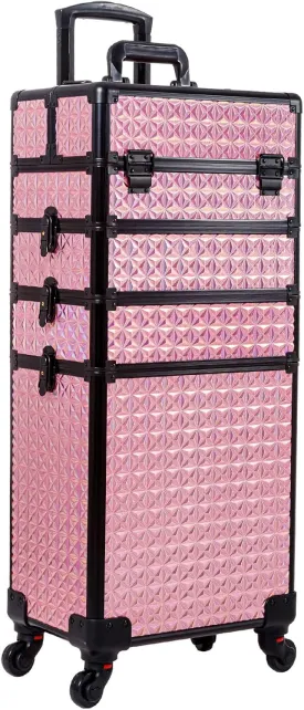 AROUS 5 in 1 Professional Makeup Train Case Aluminum Cosmetic Case Rolling Makeup Case Extra Large Trolley Makeup Travel Organizer, with 360 Swivel Wheels, Pink, JG0001