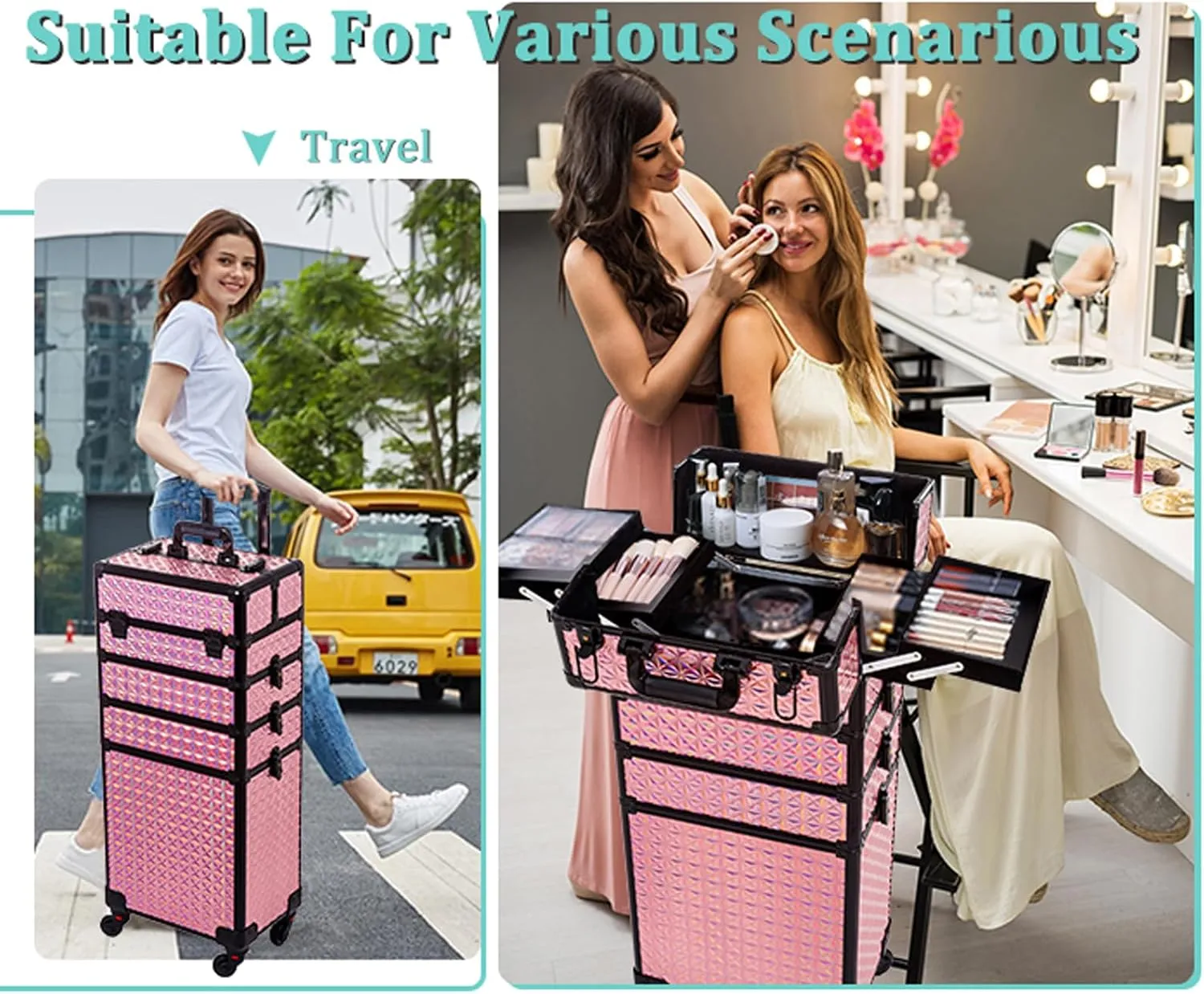 AROUS 5 in 1 Professional Makeup Train Case Aluminum Cosmetic Case Rolling Makeup Case Extra Large Trolley Makeup Travel Organizer, with 360 Swivel Wheels, Pink, JG0001