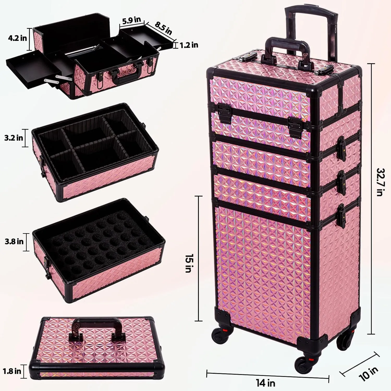 AROUS 5 in 1 Professional Makeup Train Case Aluminum Cosmetic Case Rolling Makeup Case Extra Large Trolley Makeup Travel Organizer, with 360 Swivel Wheels, Pink, JG0001
