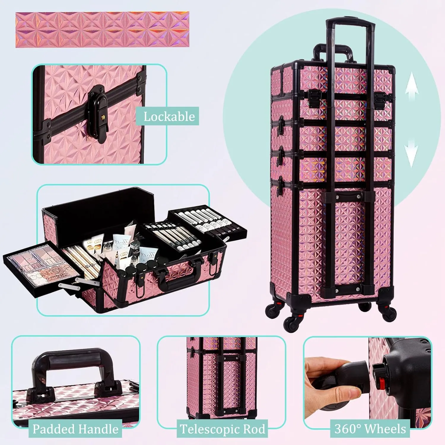 AROUS 5 in 1 Professional Makeup Train Case Aluminum Cosmetic Case Rolling Makeup Case Extra Large Trolley Makeup Travel Organizer, with 360 Swivel Wheels, Pink, JG0001