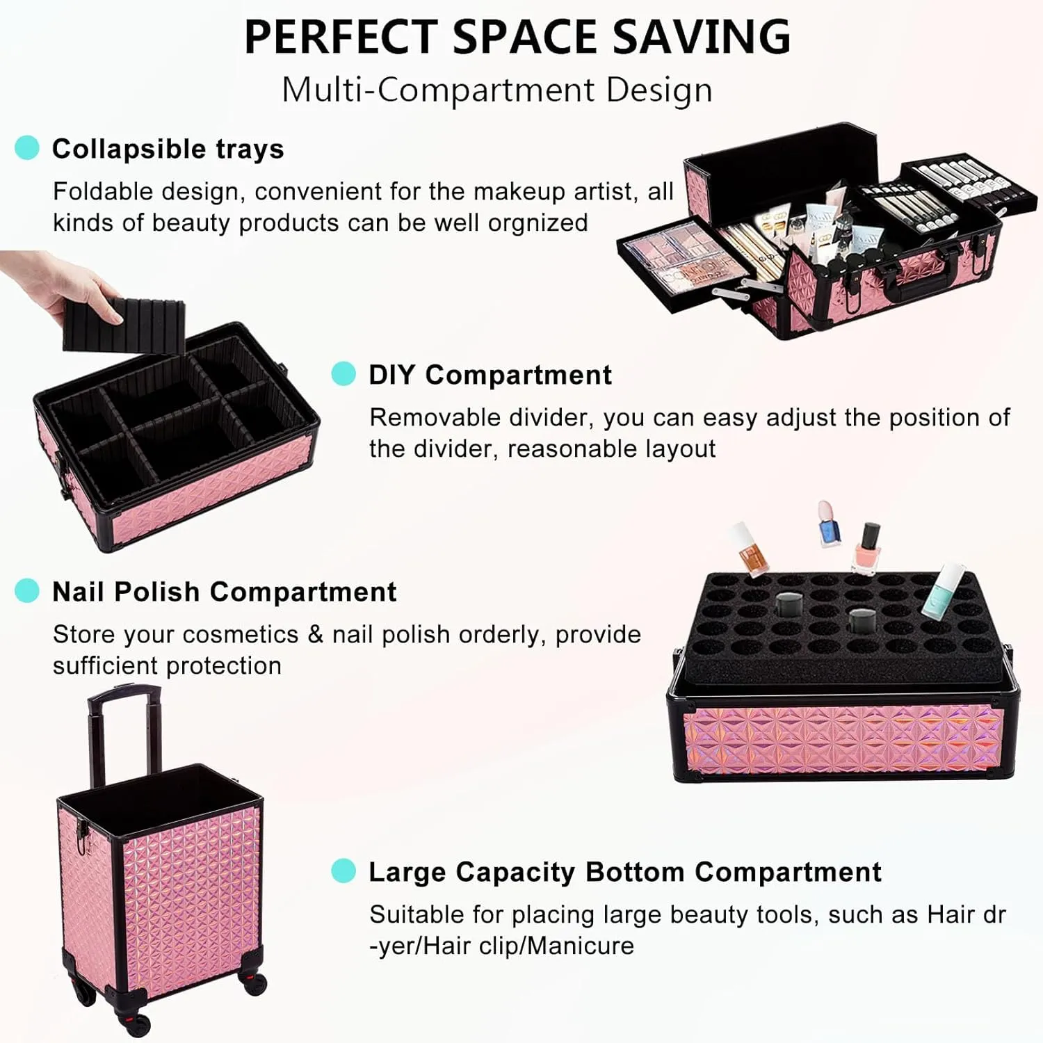 AROUS 5 in 1 Professional Makeup Train Case Aluminum Cosmetic Case Rolling Makeup Case Extra Large Trolley Makeup Travel Organizer, with 360 Swivel Wheels, Pink, JG0001