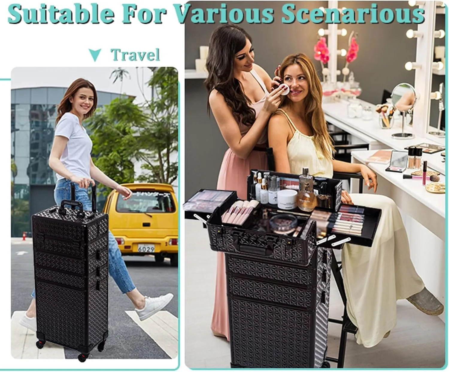 AROUS 5 in 1 Professional Makeup Train Case Aluminum Cosmetic Case Rolling Makeup Case Extra Large Trolley Makeup Travel Organizer, with 360 Swivel Wheels,Black