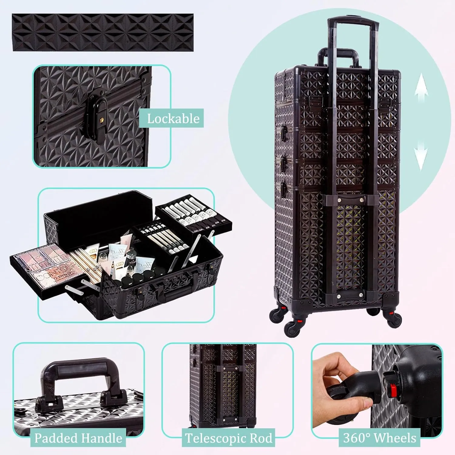 AROUS 5 in 1 Professional Makeup Train Case Aluminum Cosmetic Case Rolling Makeup Case Extra Large Trolley Makeup Travel Organizer, with 360 Swivel Wheels,Black