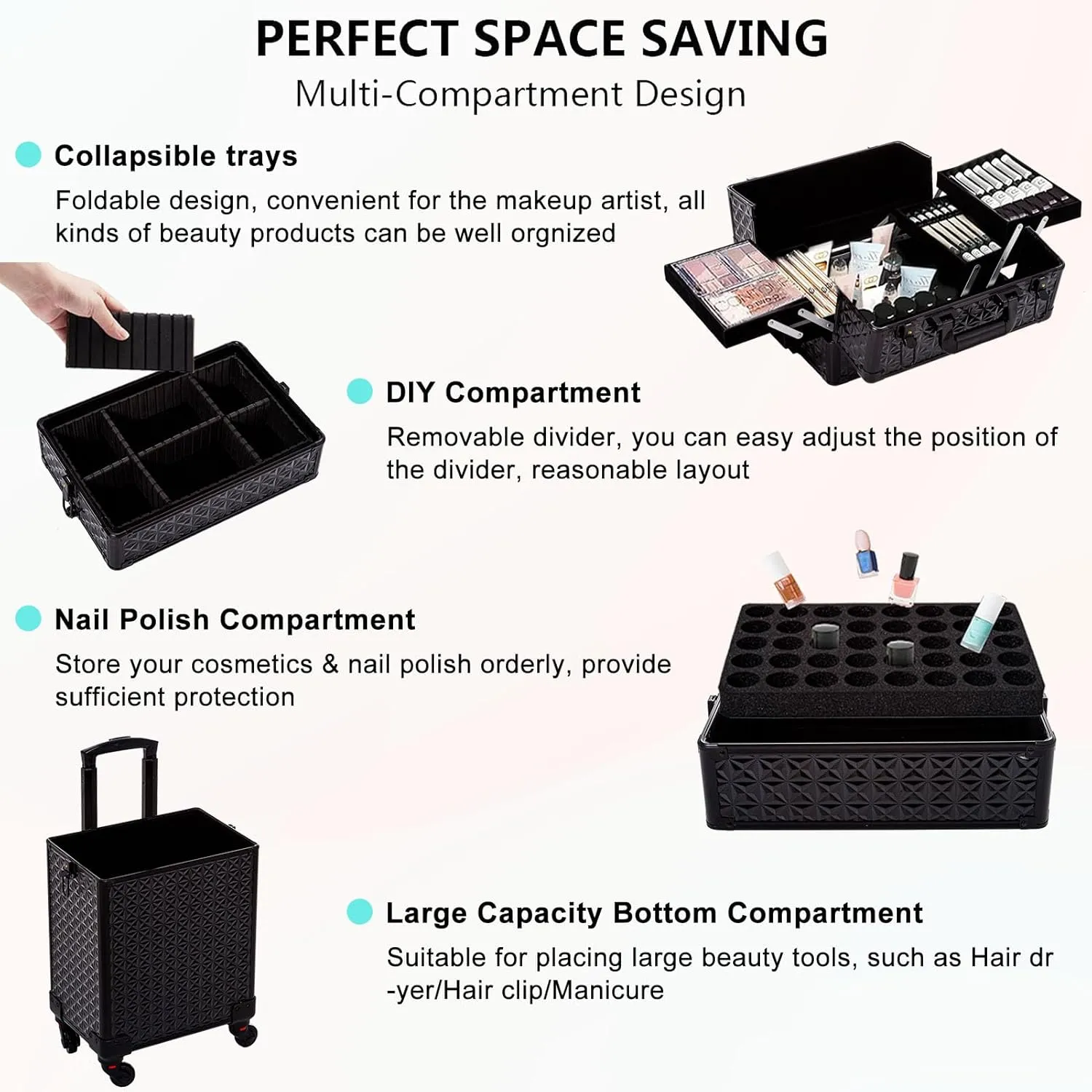 AROUS 5 in 1 Professional Makeup Train Case Aluminum Cosmetic Case Rolling Makeup Case Extra Large Trolley Makeup Travel Organizer, with 360 Swivel Wheels,Black