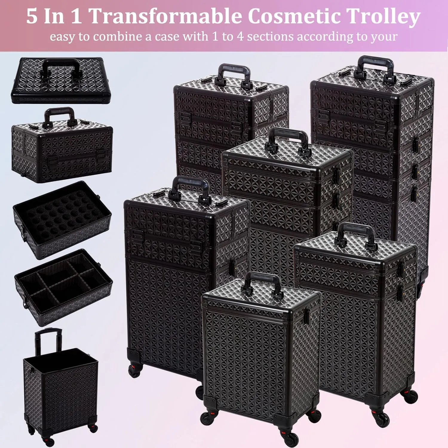 AROUS 5 in 1 Professional Makeup Train Case Aluminum Cosmetic Case Rolling Makeup Case Extra Large Trolley Makeup Travel Organizer, with 360 Swivel Wheels,Black