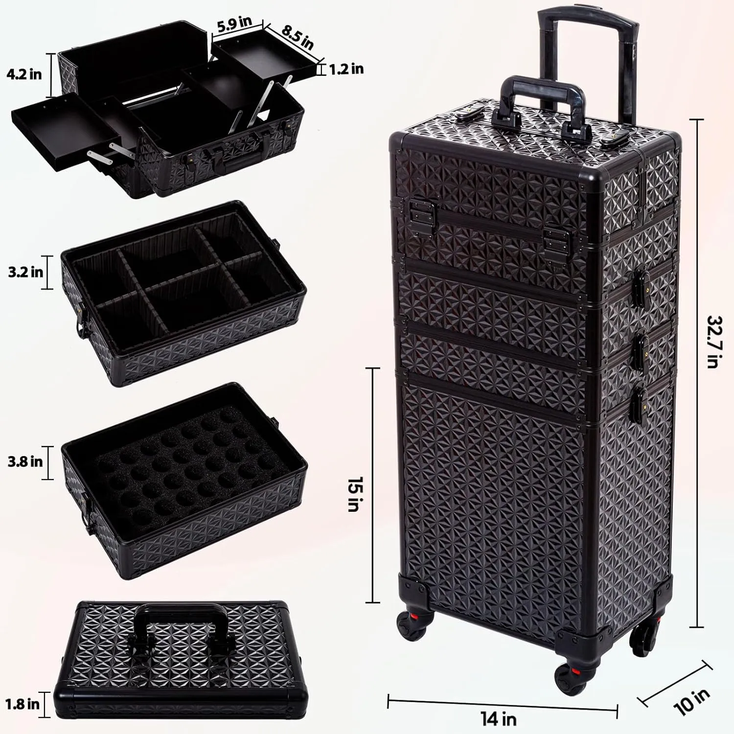 AROUS 5 in 1 Professional Makeup Train Case Aluminum Cosmetic Case Rolling Makeup Case Extra Large Trolley Makeup Travel Organizer, with 360 Swivel Wheels,Black