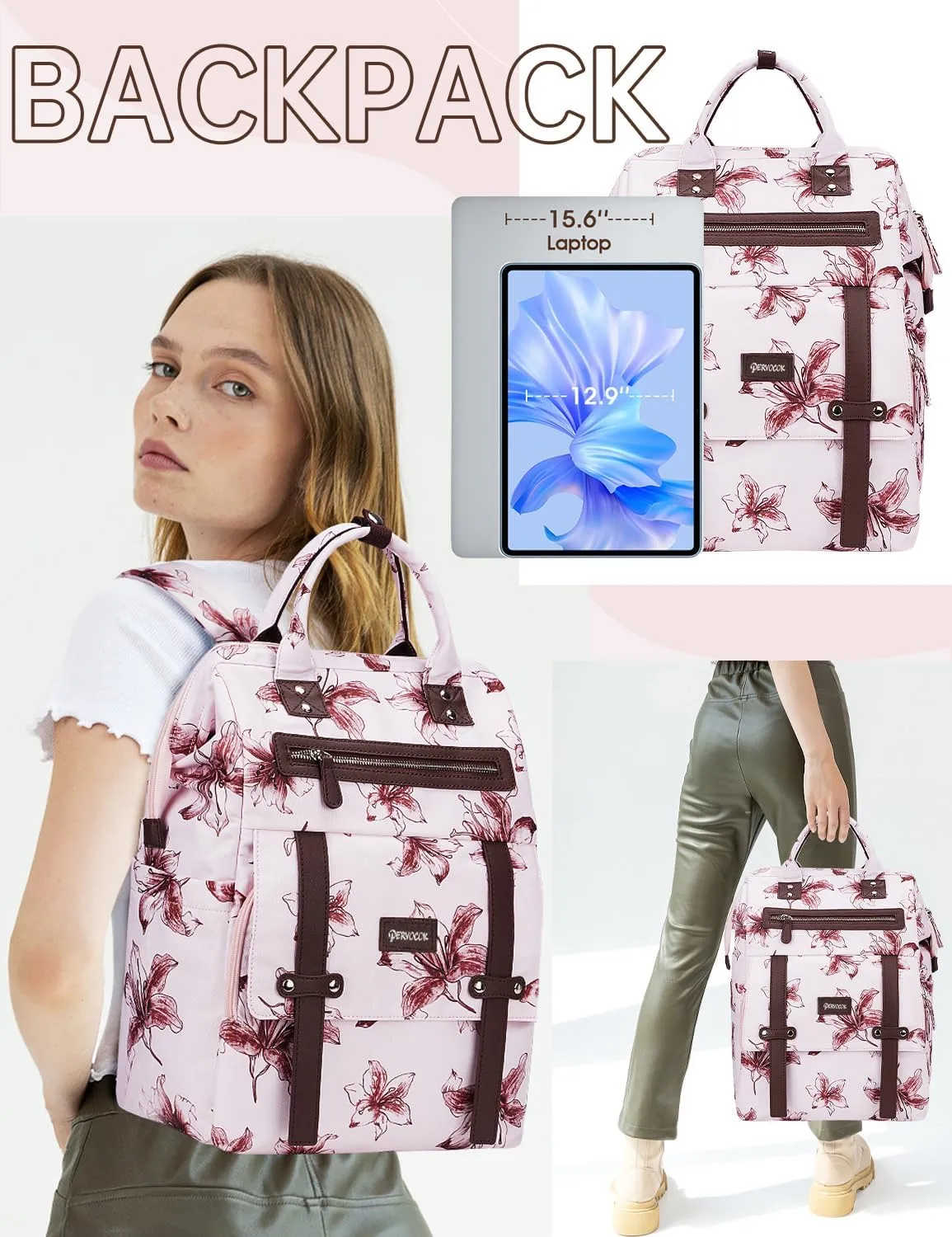 Backpack for Women, 15.6inch Wide Open Work Business Laptop Backpack with USB Charging Hole, Pink Backpack Purse for Women, Computer Casual Backpacks Gift for Teacher Doctor Nurse College