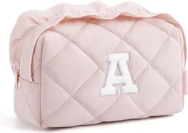 BAGSMART Small Makeup Bag, Travel Personalized Initial Cosmetic Bags for Women, Pink Makeup Pouch, Make up Organizer Case, Puffy Pouch Purse, Travel Essentials, Toiletries Accessories Brushes(A, Pink)