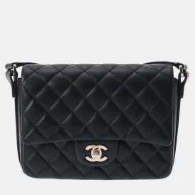 Black Calfskin Leather Ruffle Quilted Flap Bag Shoulder Bag