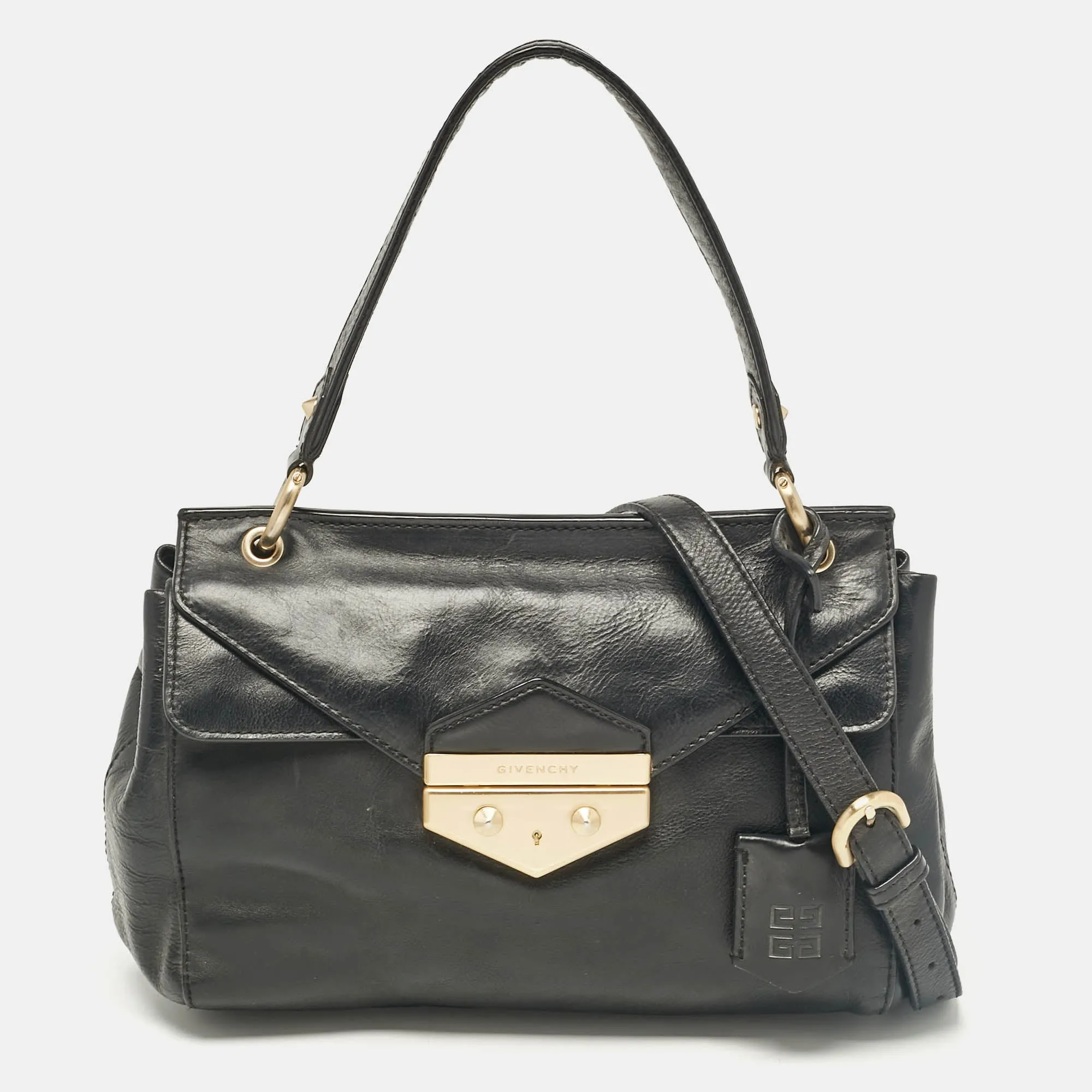 Black Leather Pushlock Flap Top Handle Bag