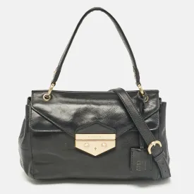 Black Leather Pushlock Flap Top Handle Bag