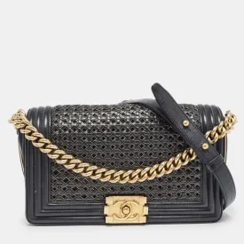 Black/Gold Woven Leather Medium Boy Flap Bag